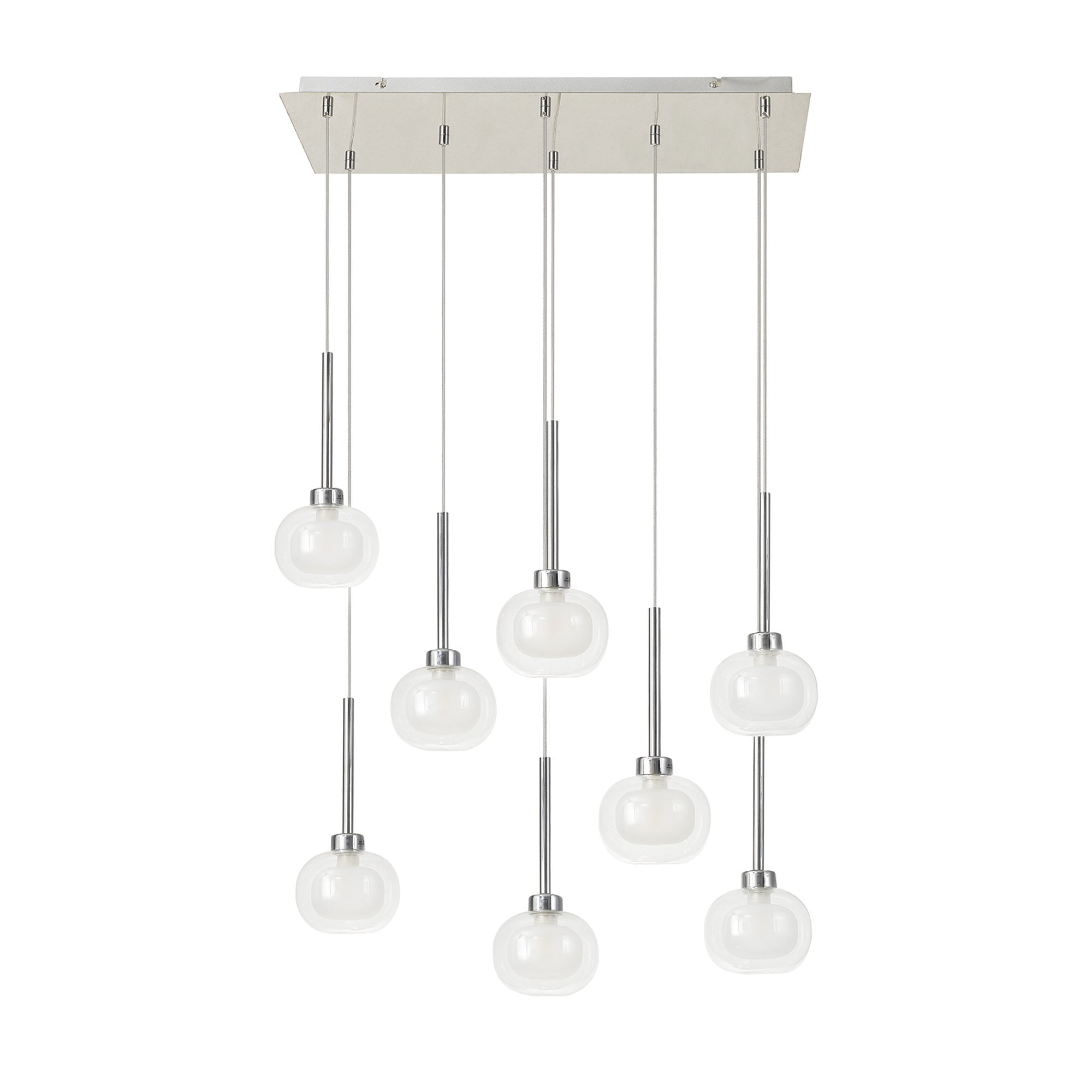 Fabula Tamworth 8 Light Rectangle Pendant - Flattened Round Shades with Inner Frosted Globes - Polished Chrome, Clear & Frosted Glass