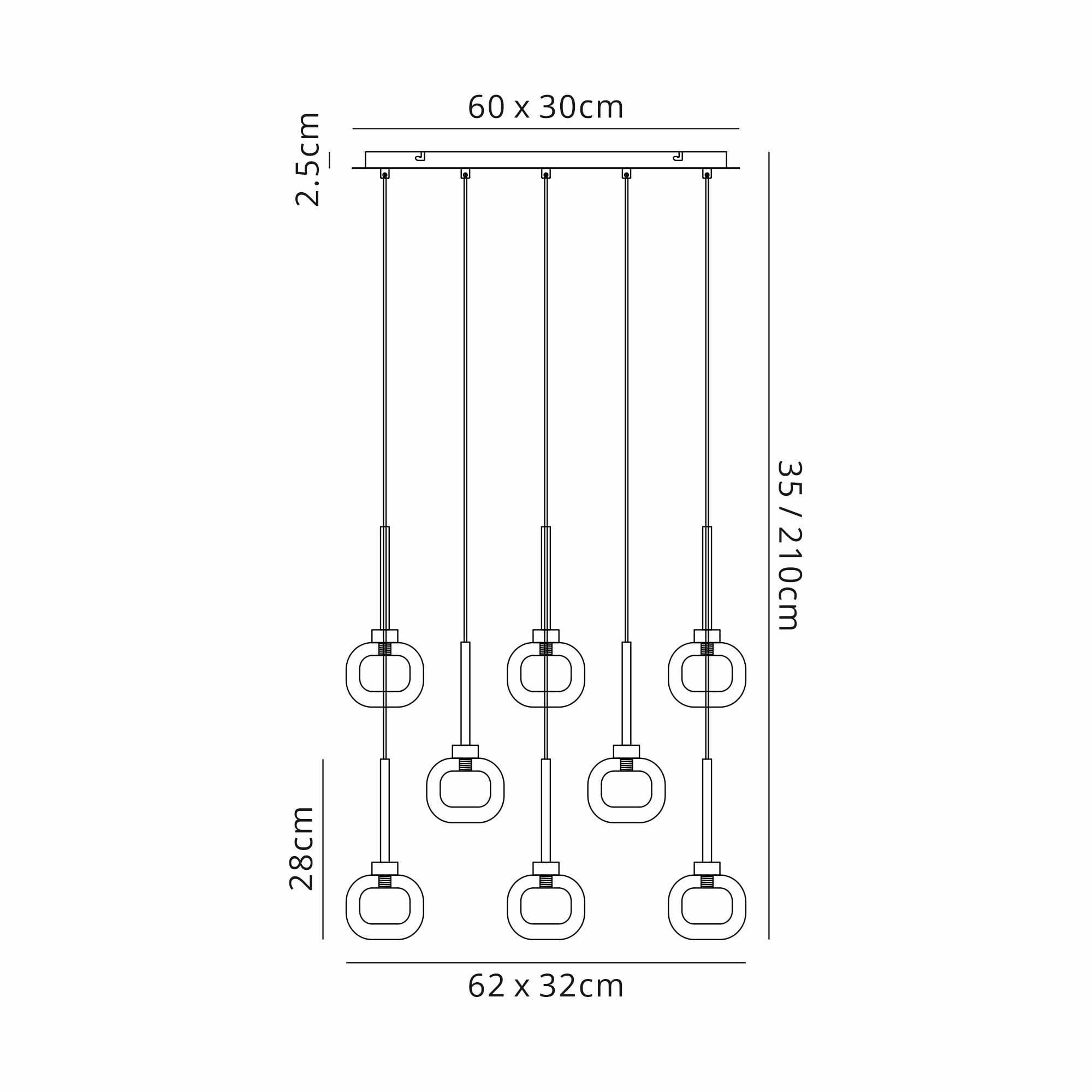 Fabula Tamworth 8 Light Rectangle Pendant - Flattened Round Shades with Inner Frosted Globes - Polished Chrome, Clear & Frosted Glass