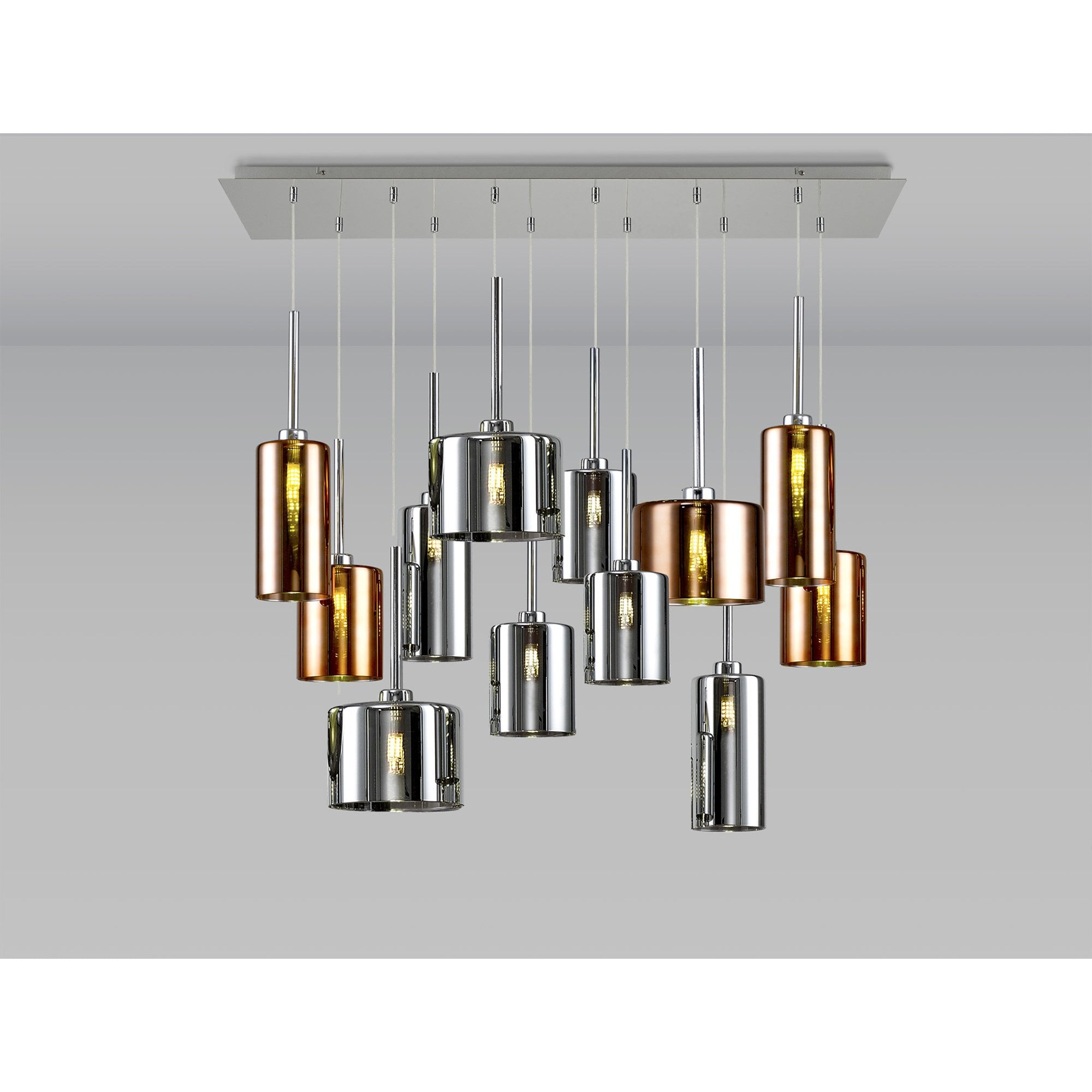 Fabula Tamworth 12 Light Linear Pendant - Mixed Cylinder Shades - Polished Chrome, Chrome & Copper Glass