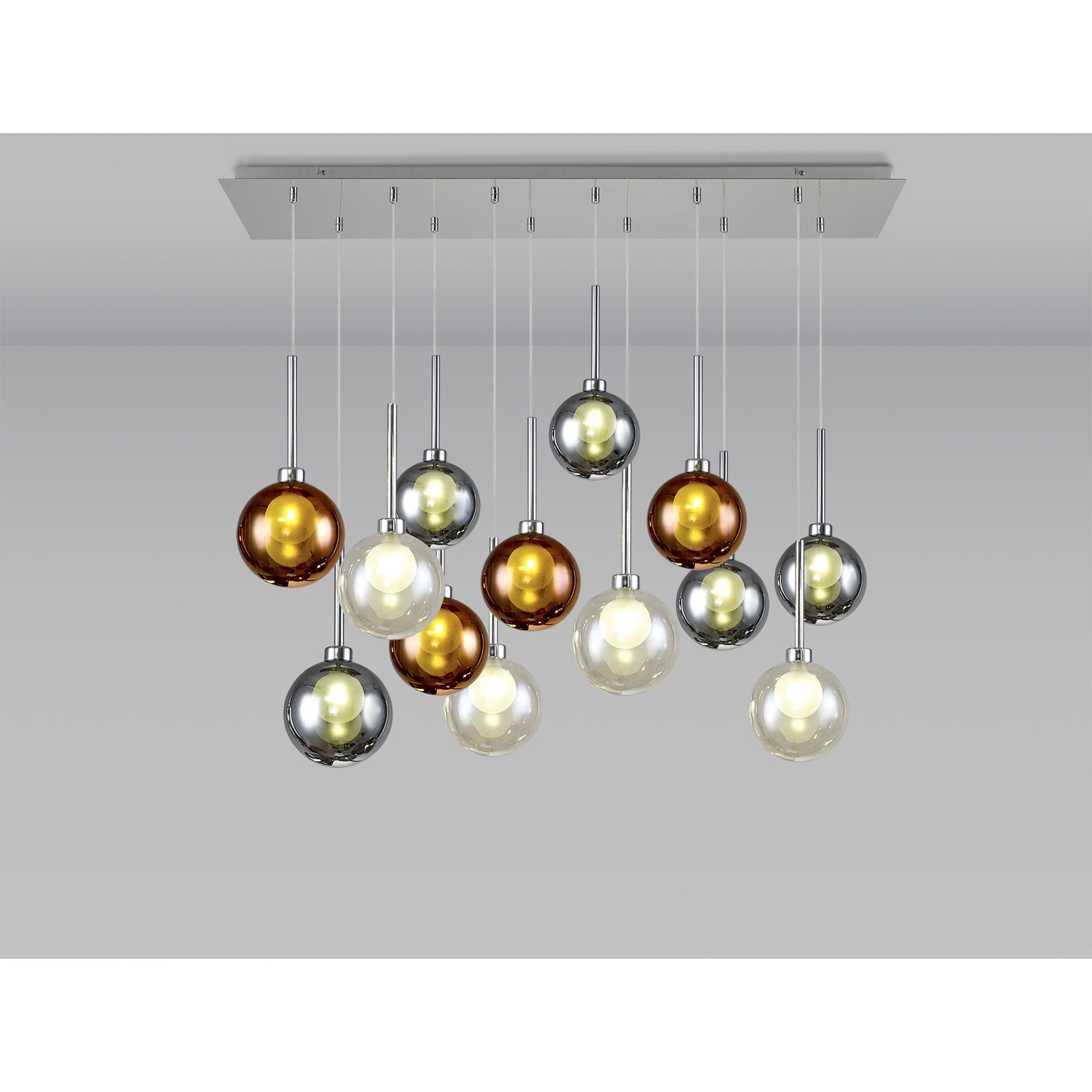 Fabula Tamworth 12 Light Linear Pendant - Round Shades with Inner Frosted Globes - Polished Chrome, Chrome, Frosted, Copper & Cognac Glass