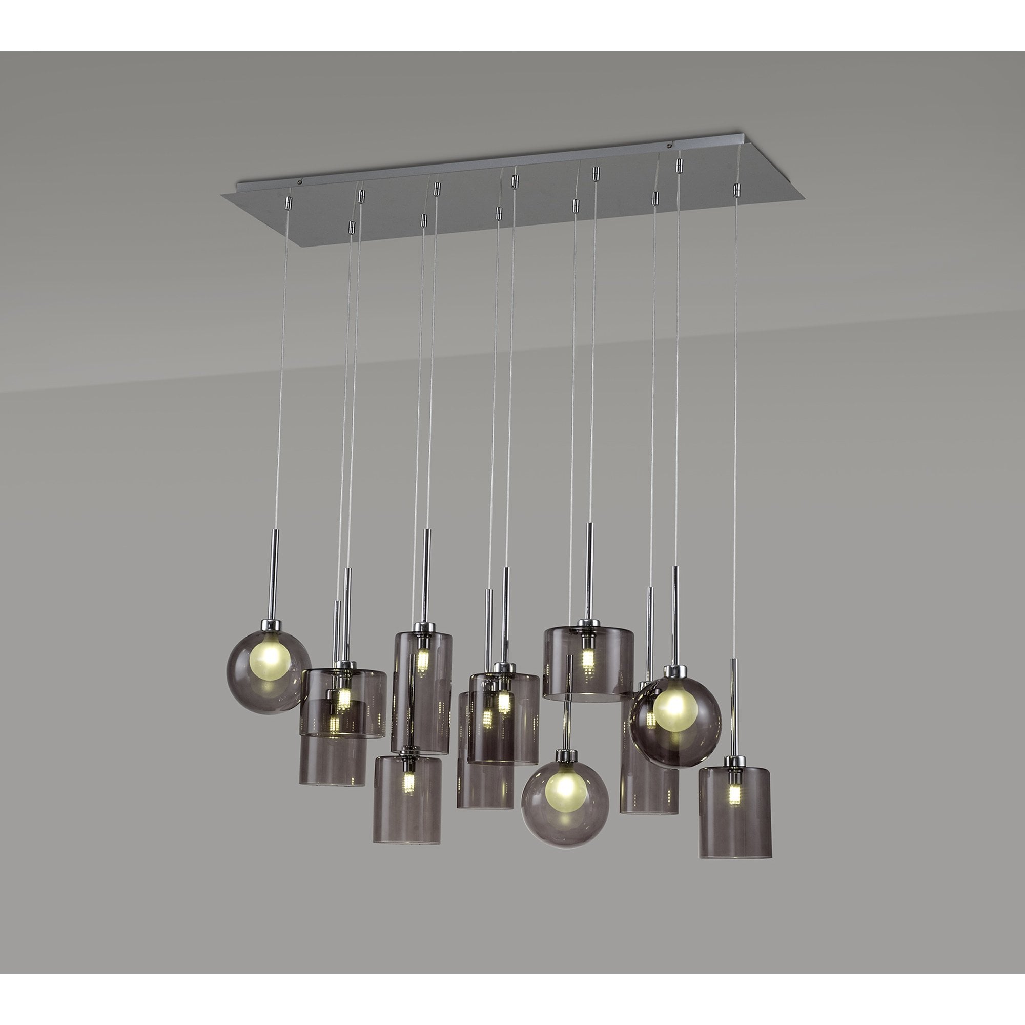 Fabula Tamworth 12 Light Linear Pendant - Mixed Shades G - Polished Chrome, Smoked & Frosted Glass