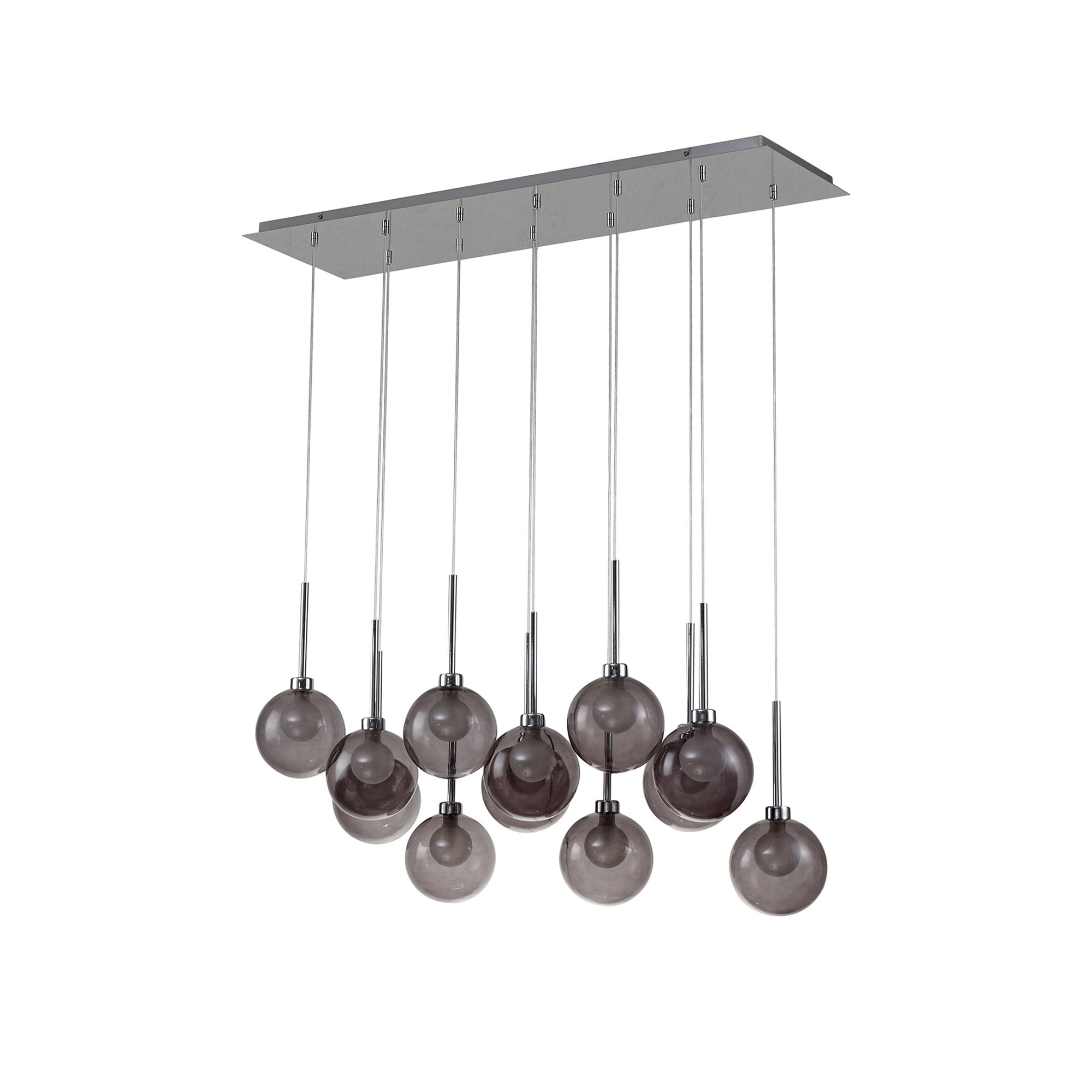 Fabula Tamworth 12 Light Linear Pendant - Round Shades with Inner Frosted Globes - Polished Chrome, Smoked & Frosted Glass