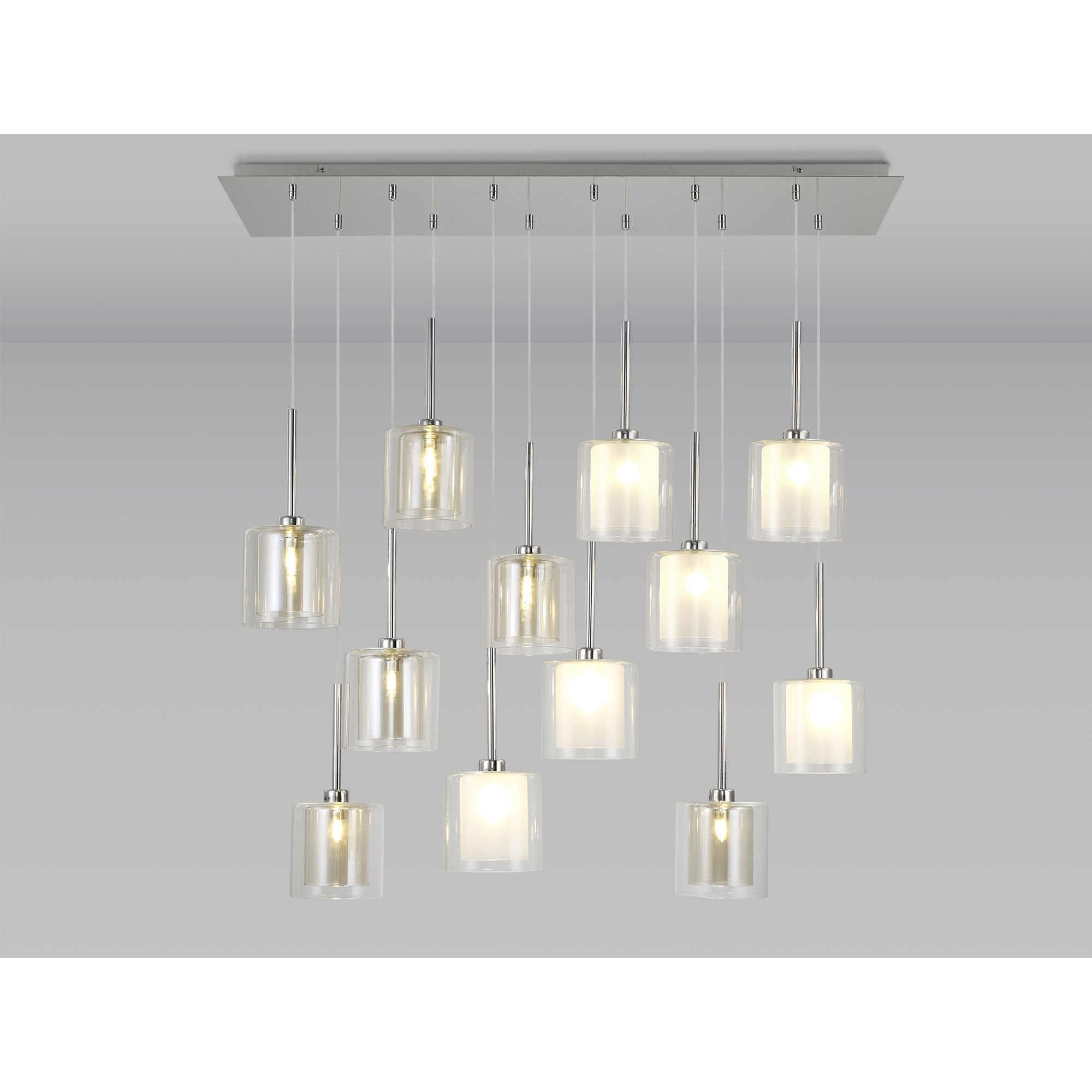 Fabula Tamworth 12 Light Linear Pendant - Medium Cylinder Shades with Clear Outer Glass - Polished Chrome, Frosted, Clear & Cognac Glass