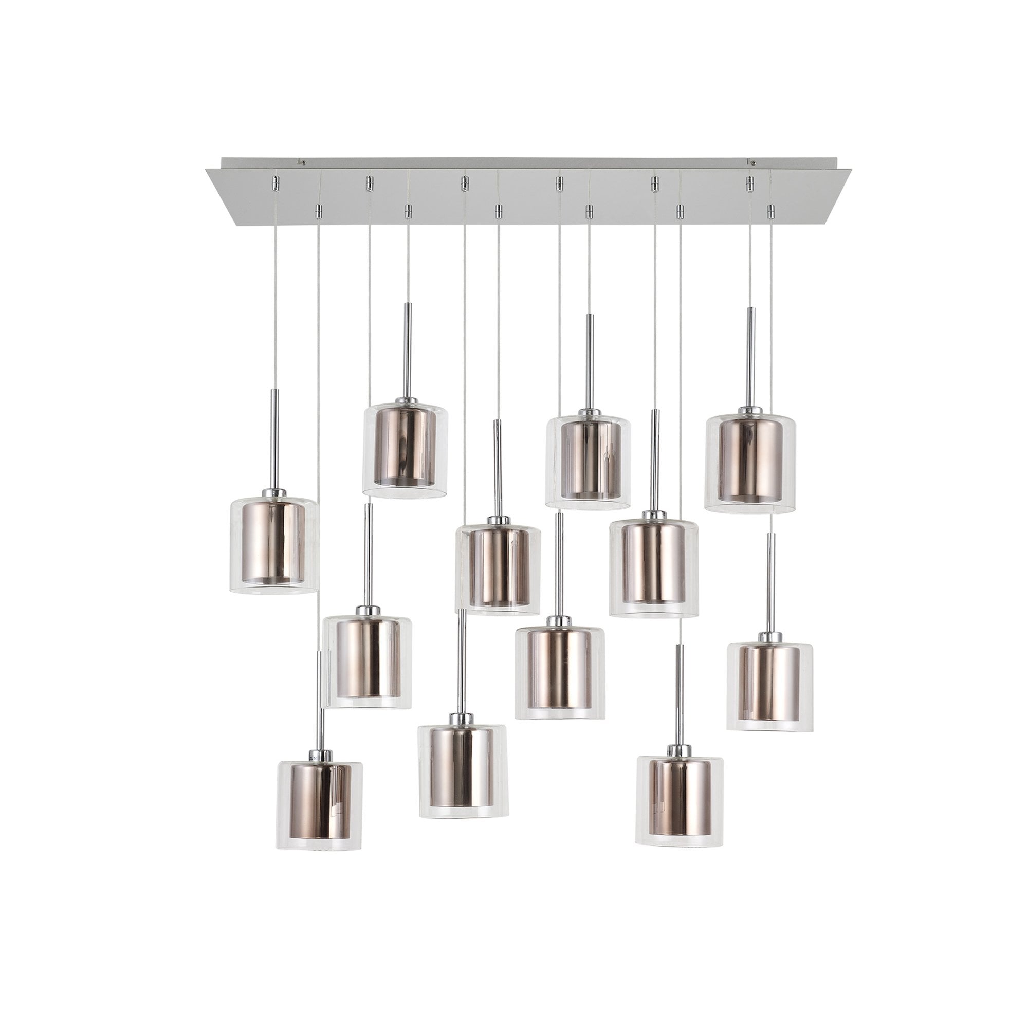 Fabula Tamworth 12 Light Linear Pendant - Medium Cylinder Shades with Clear Outer Glass - Polished Chrome, Copper & Clear Glass