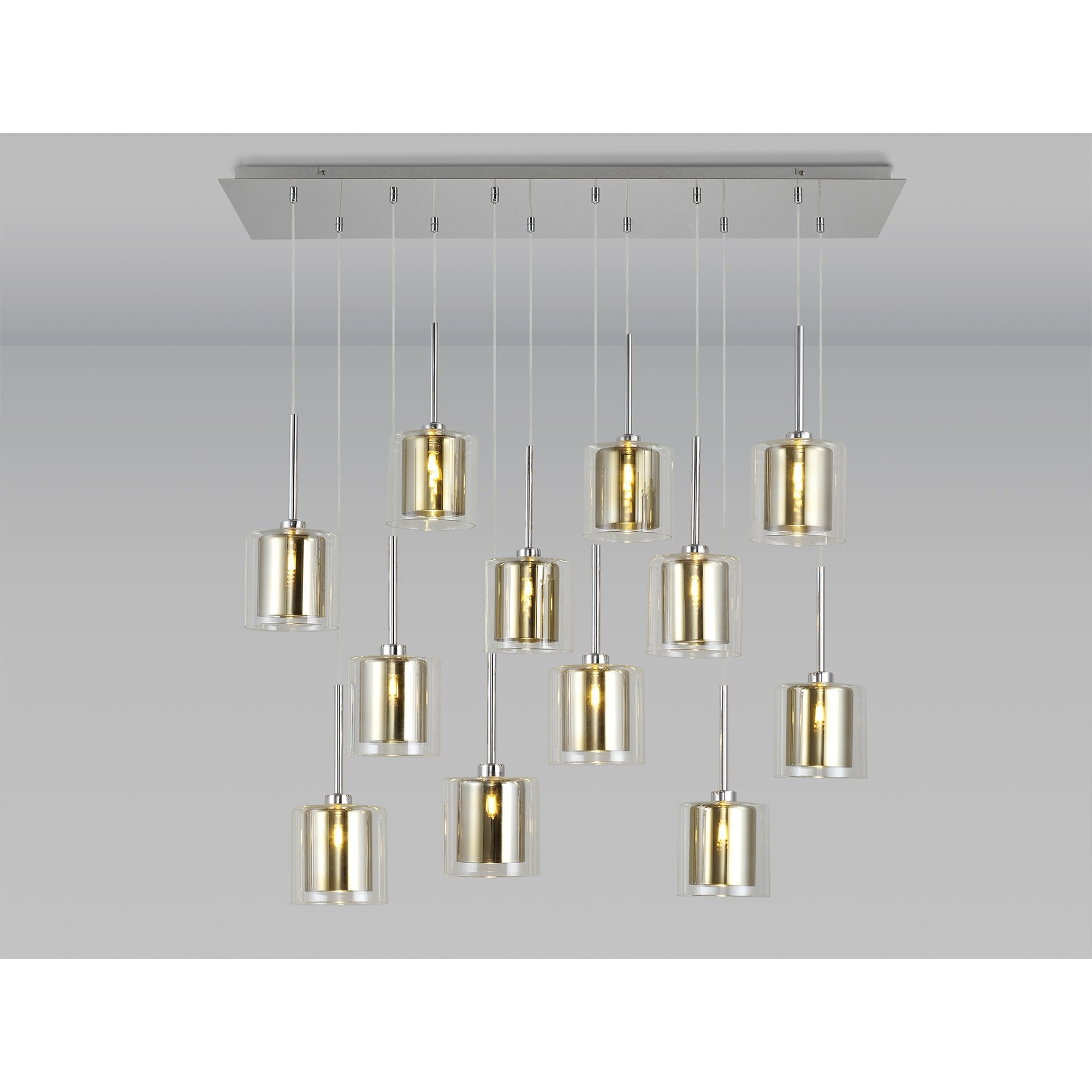 Fabula Tamworth 12 Light Linear Pendant - Medium Cylinder Shades with Clear Outer Glass - Polished Chrome, Gold & Clear Glass