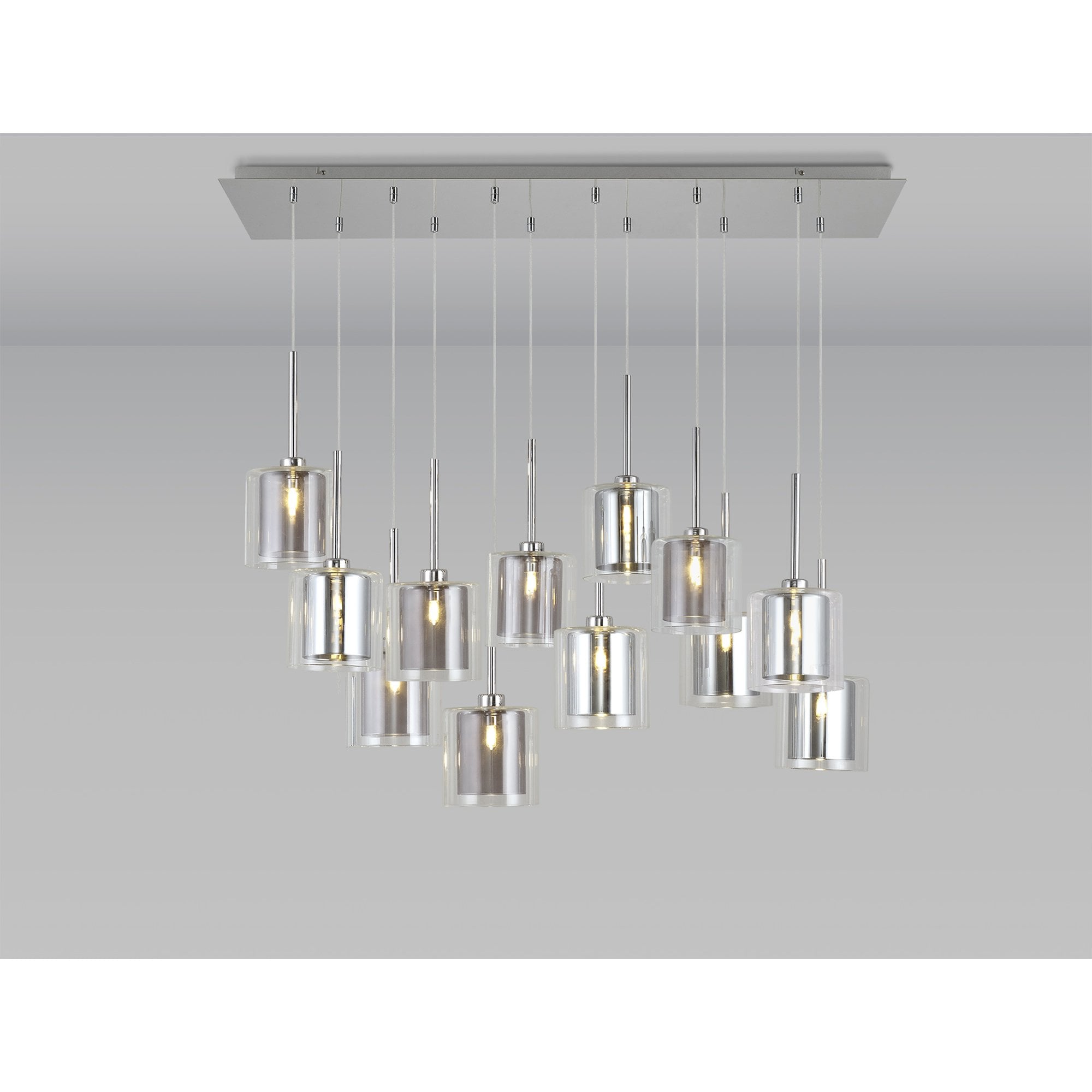 Fabula Tamworth 12 Light Linear Pendant - Medium Cylinder Shades with Clear Outer Glass - Polished Chrome, Chrome, Clear & Smoked Glass