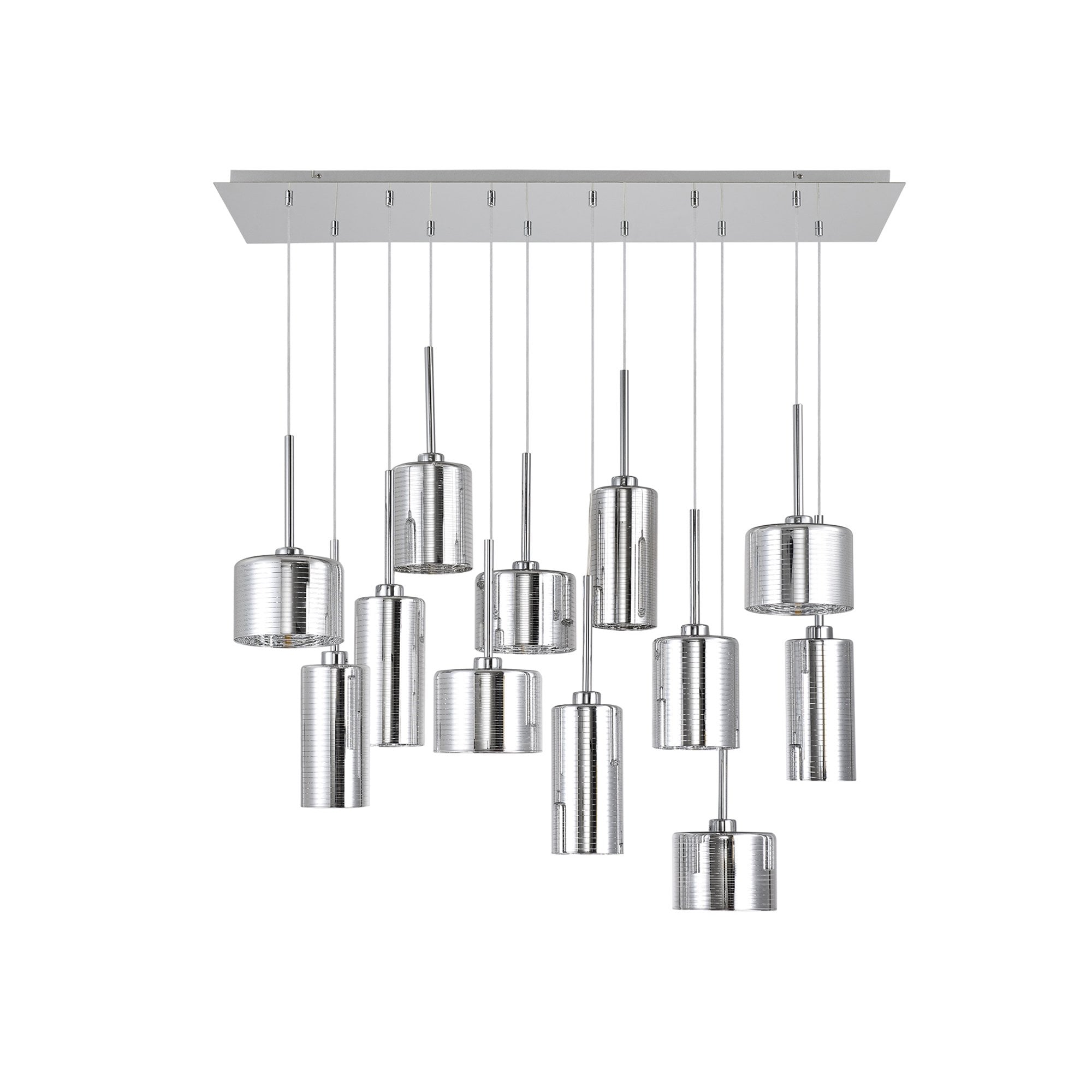 Fabula Tamworth 12 Light Linear Pendant - Mixed Cylinder Shades - Polished Chrome & Chrome Glass