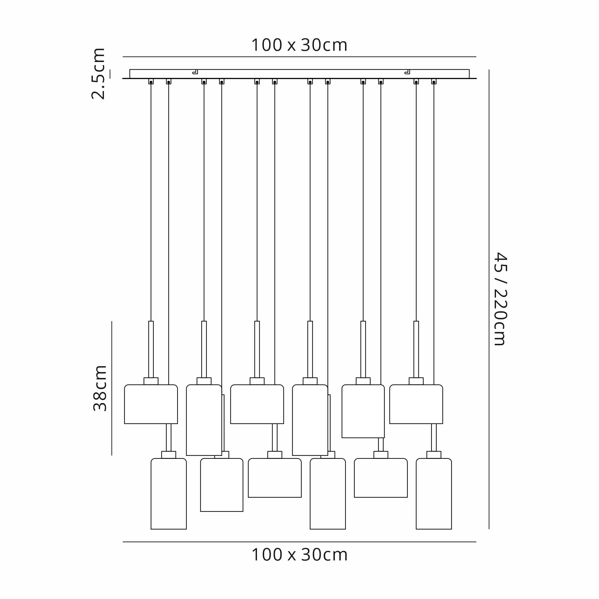 Fabula Tamworth 12 Light Linear Pendant - Mixed Cylinder Shades - Polished Chrome & Chrome Glass