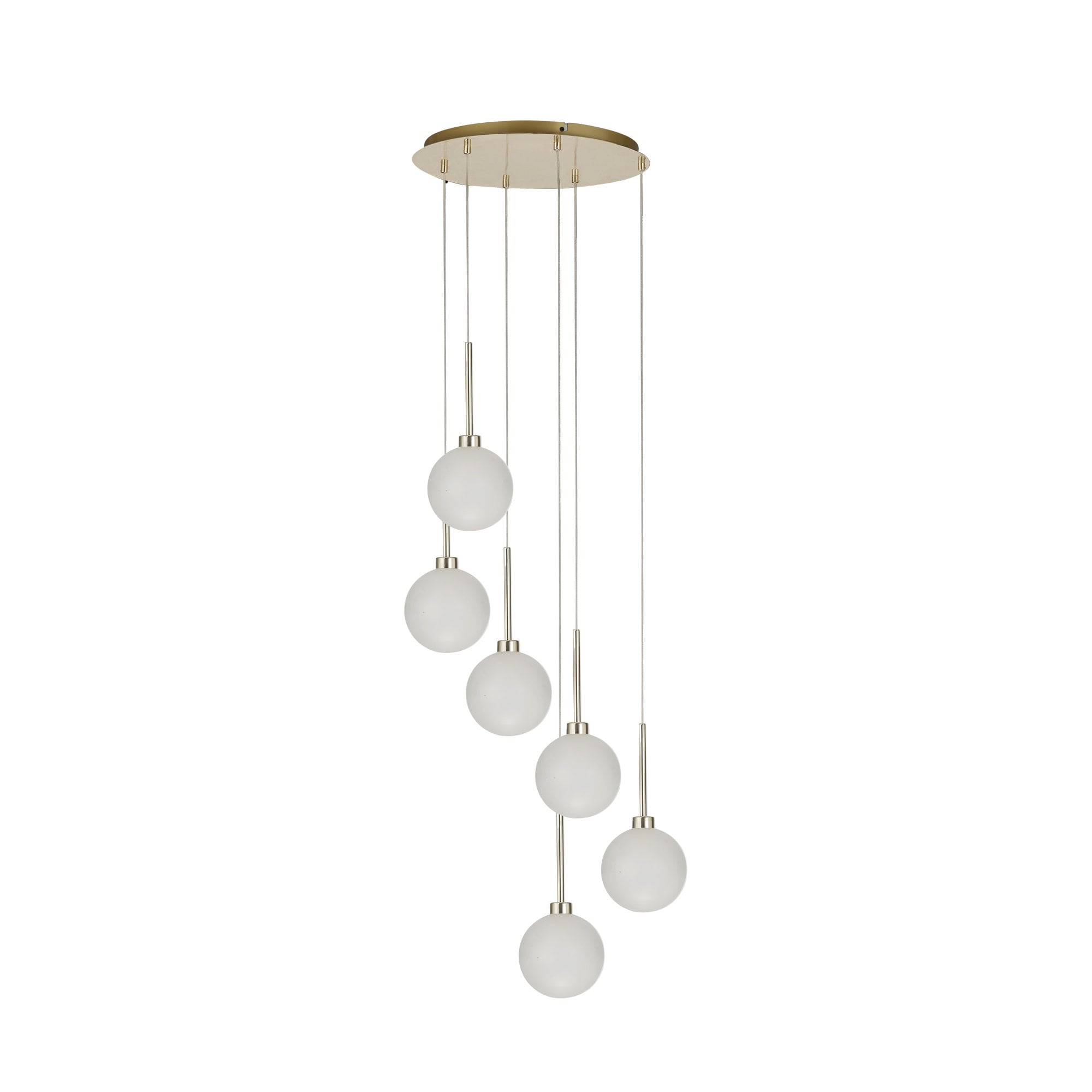 Fabula Tamworth 6 Light Round Pendant - Round Shades with Inner Frosted Globes - French Gold & Frosted Glass
