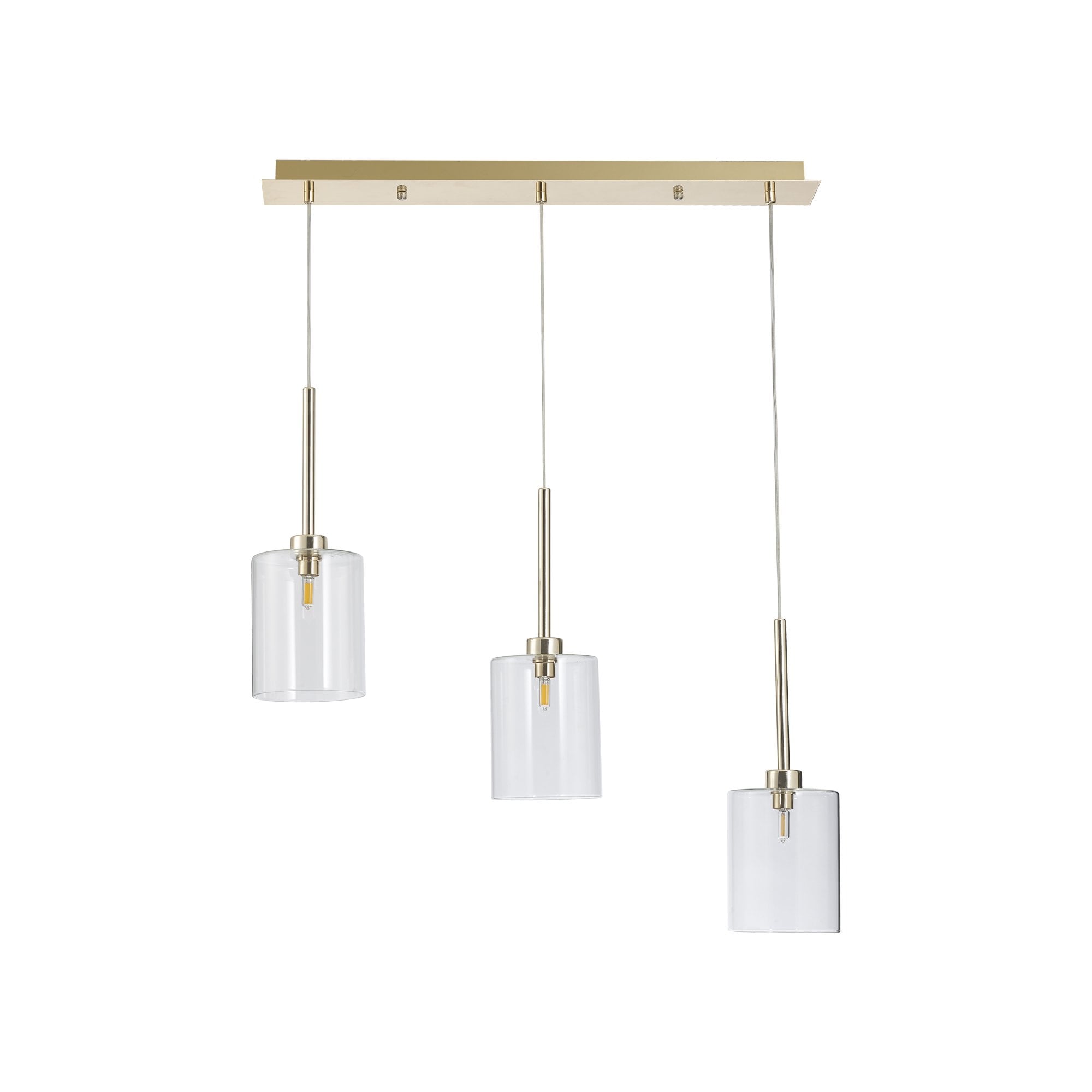 Fabula Tamworth 3 Light Linear Pendant - Medium Cylinder Shades - French Gold & Clear Glass