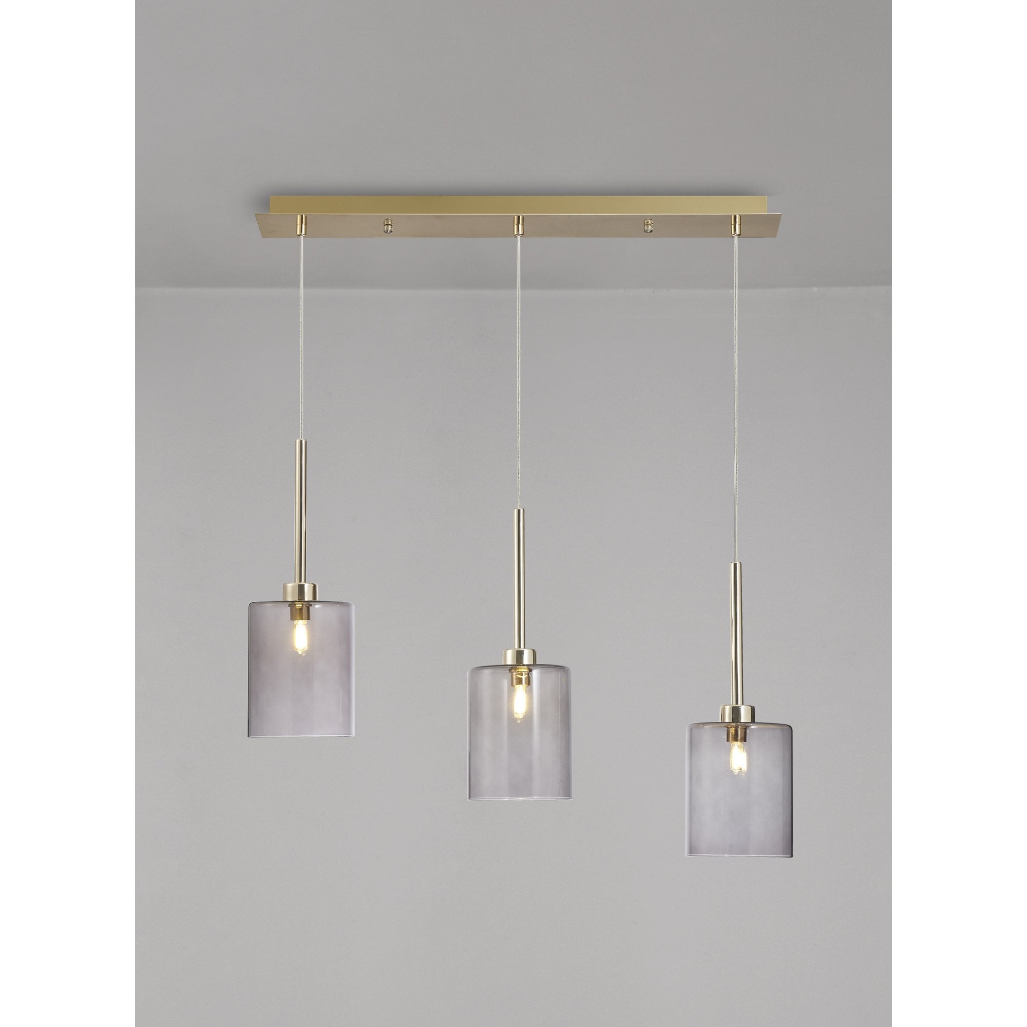 Fabula Tamworth 3 Light Linear Pendant - Medium Cylinder Shades - French Gold & Smoked Glass