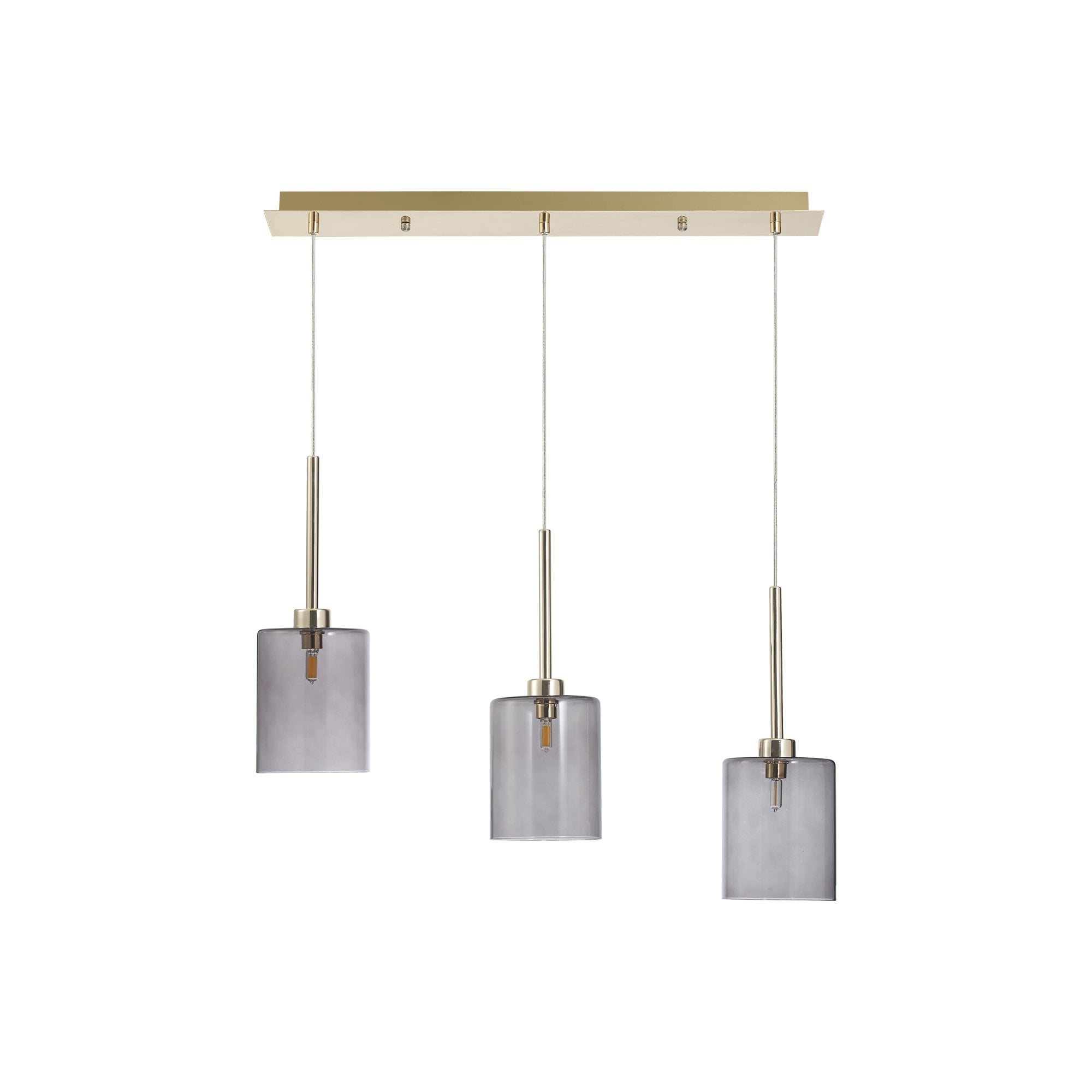 Fabula Tamworth 3 Light Linear Pendant - Medium Cylinder Shades - French Gold & Smoked Glass