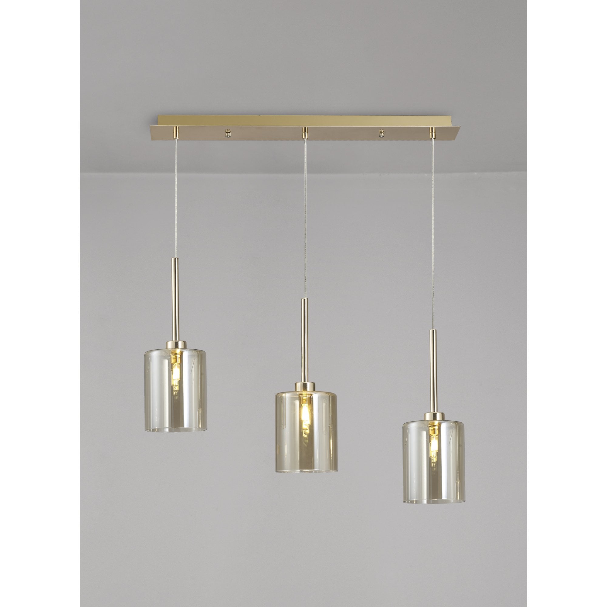 Fabula Tamworth 3 Light Linear Pendant - Medium Cylinder Shades - French Gold & Cognac Glass