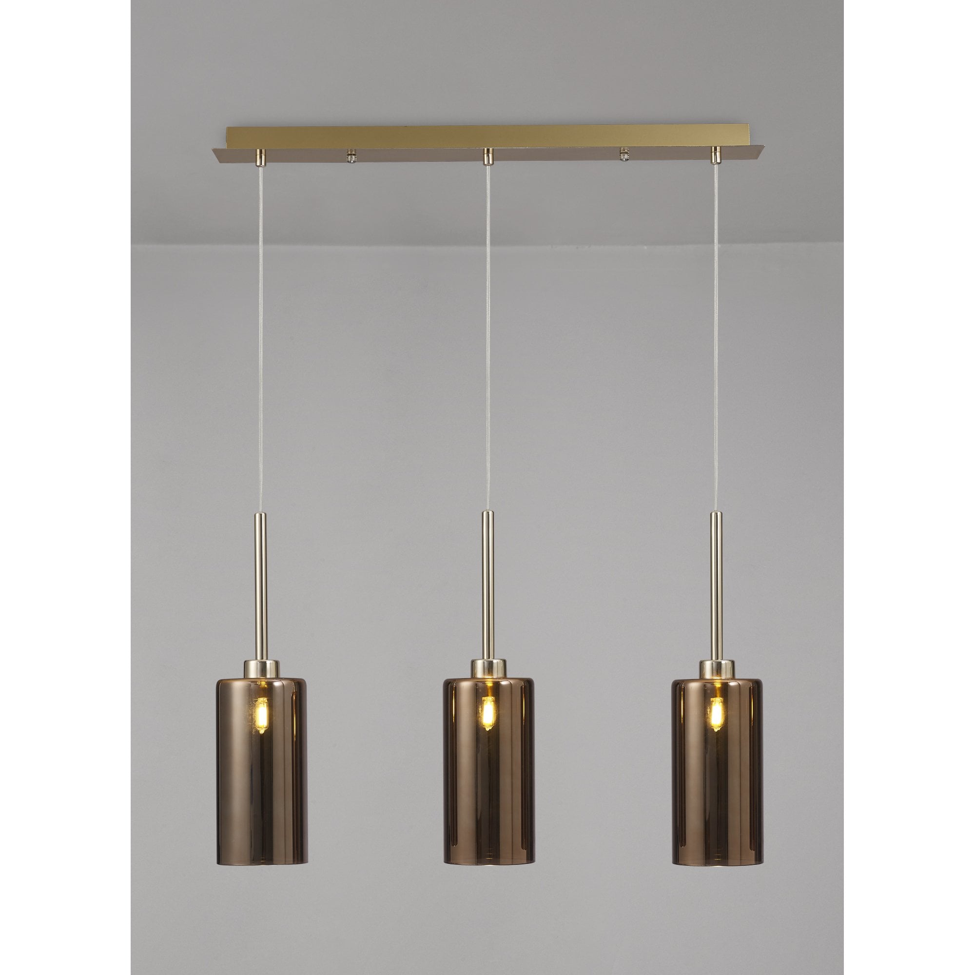Fabula Tamworth 3 Light Linear Pendant - Tall Cylinder Shades - French Gold & Copper Glass