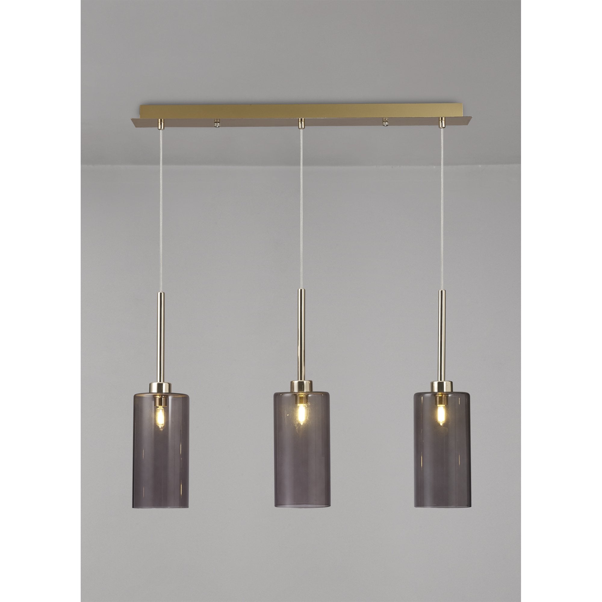 Fabula Tamworth 3 Light Linear Pendant - Tall Cylinder Shades - French Gold & Smoked Glass