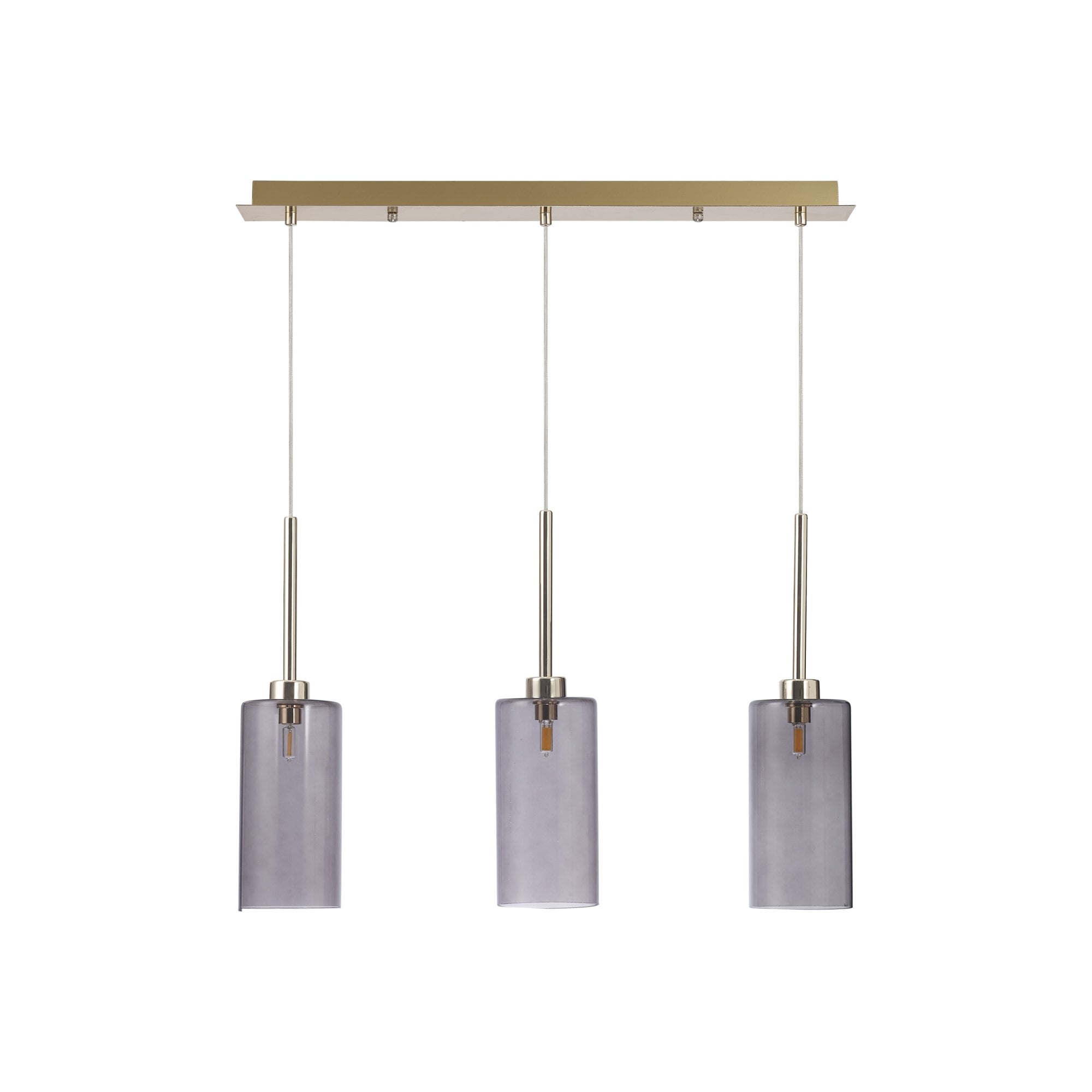 Fabula Tamworth 3 Light Linear Pendant - Tall Cylinder Shades - French Gold & Smoked Glass