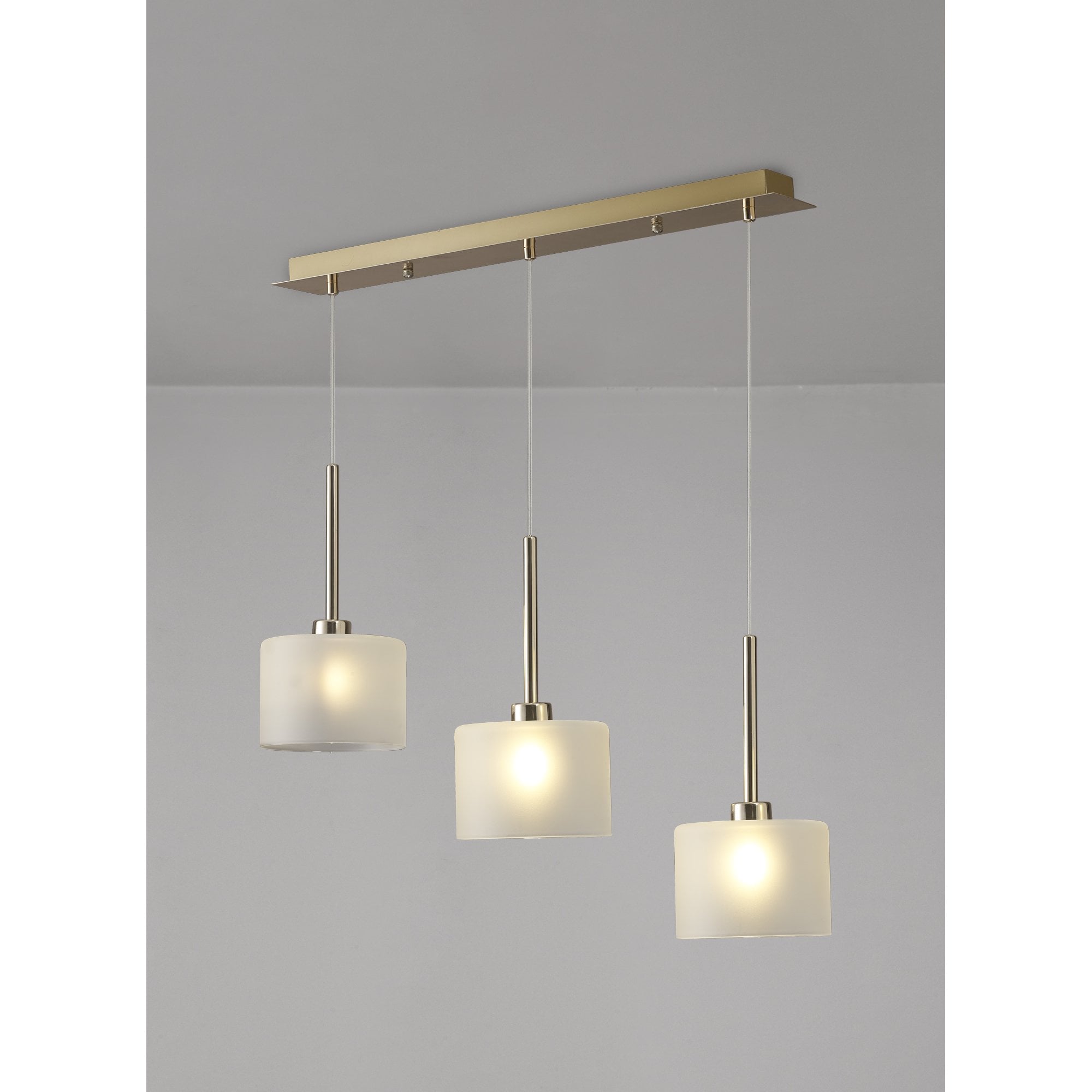 Fabula Tamworth 3 Light Linear Pendant - Short Cylinder Shades - French Gold & Frosted Glass