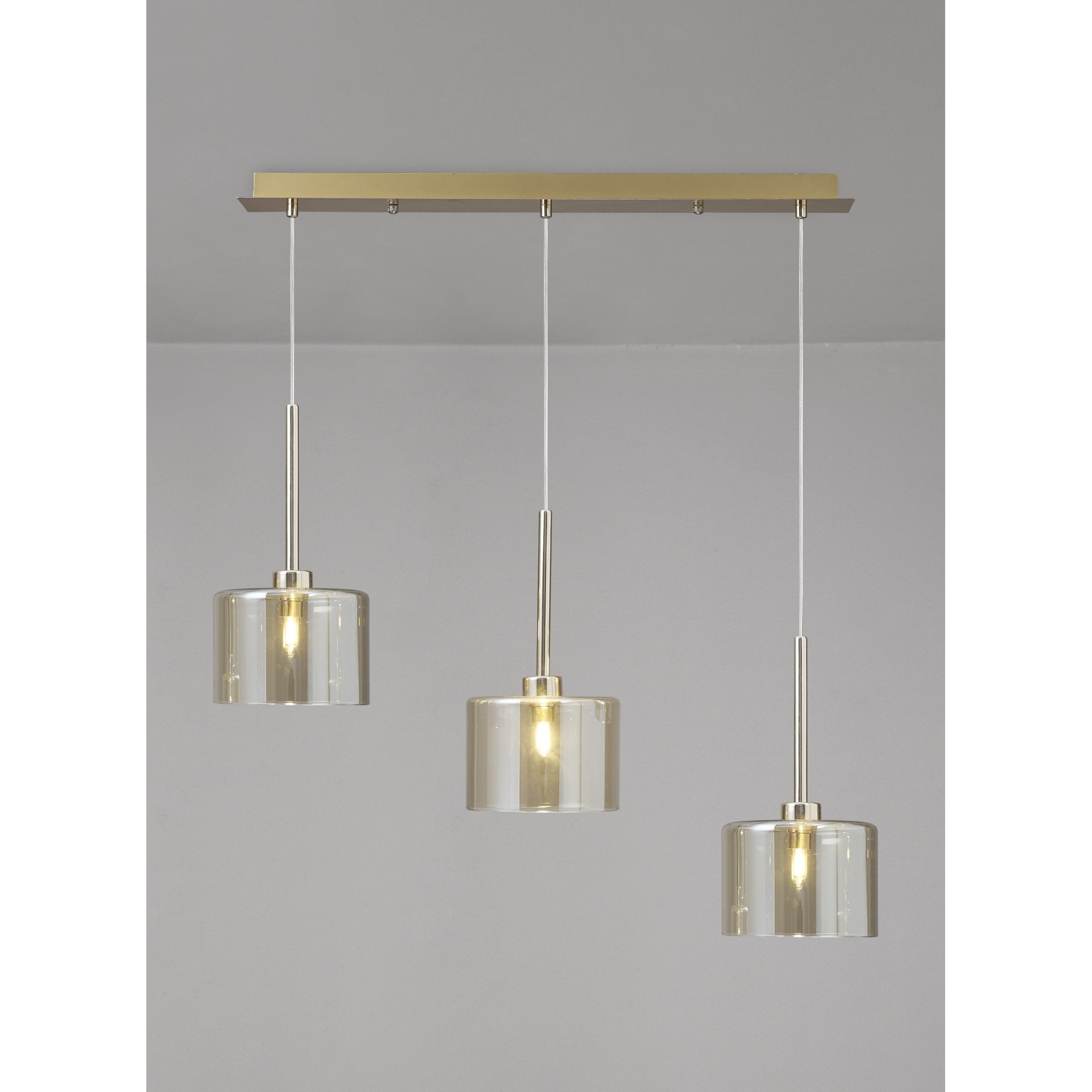 Fabula Tamworth 3 Light Linear Pendant - Short Cylinder Shades - French Gold & Cognac Glass