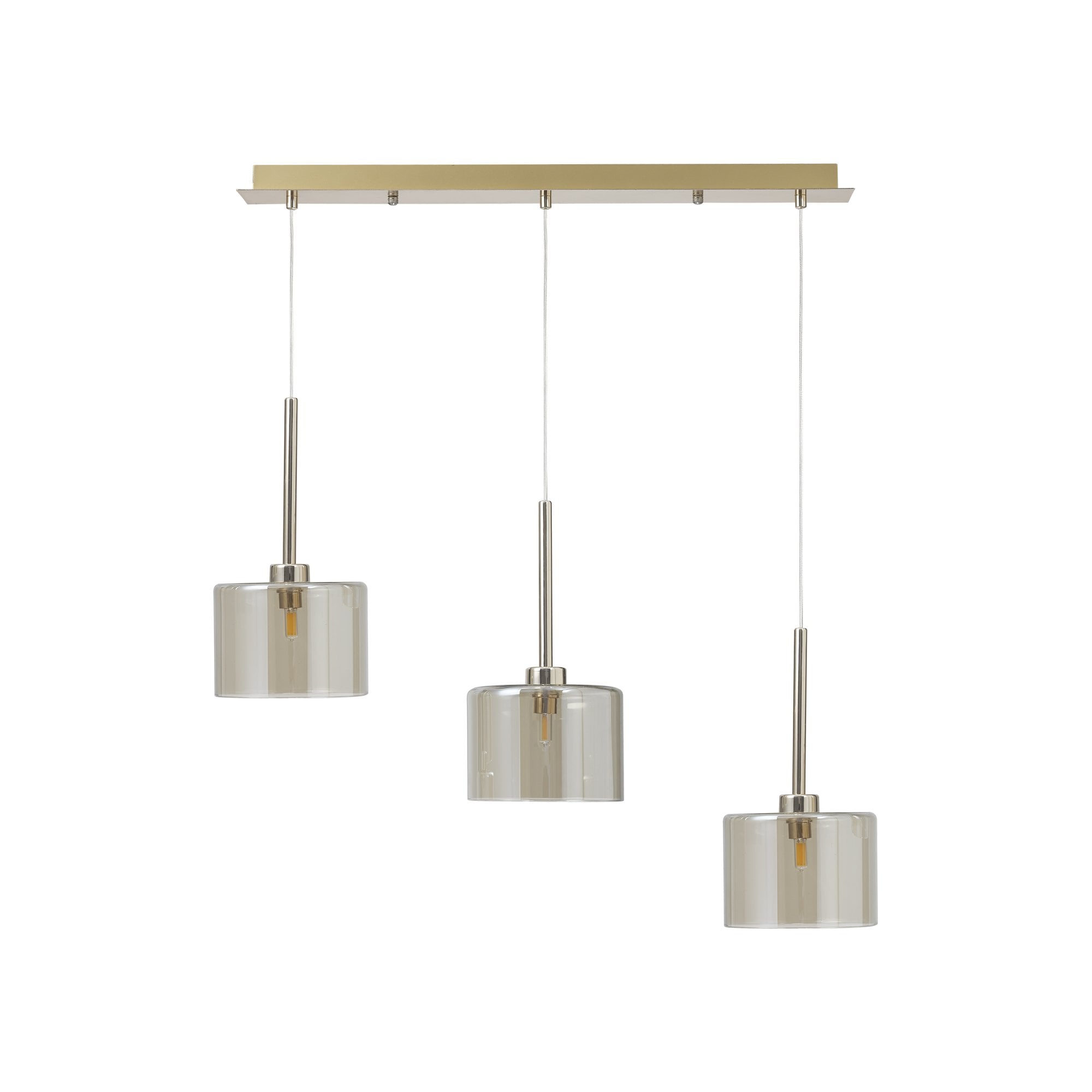 Fabula Tamworth 3 Light Linear Pendant - Short Cylinder Shades - French Gold & Cognac Glass