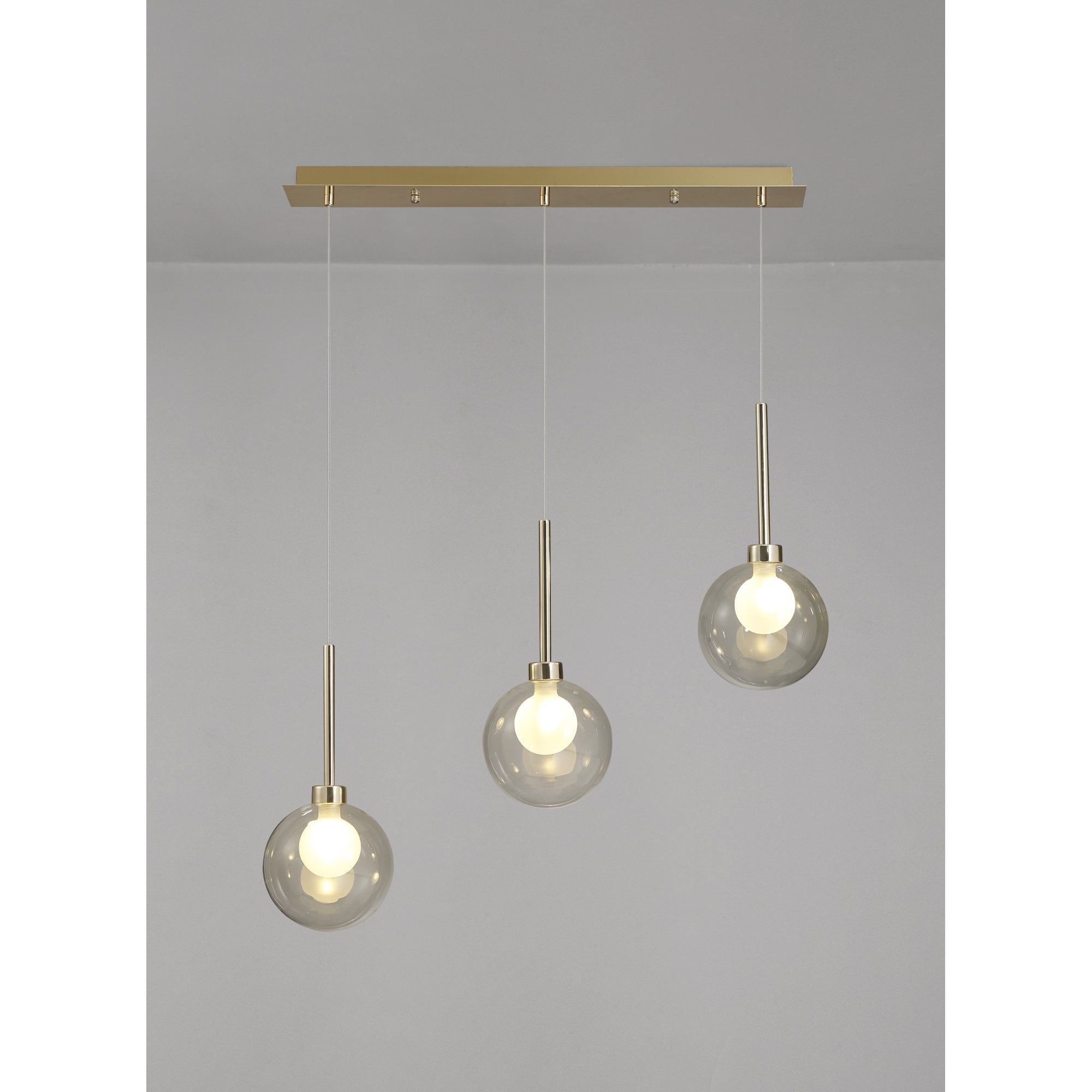 Fabula Tamworth 3 Light Linear Pendant - Round Shades with Inner Frosted Globes - French Gold, Clear & Frosted Glass