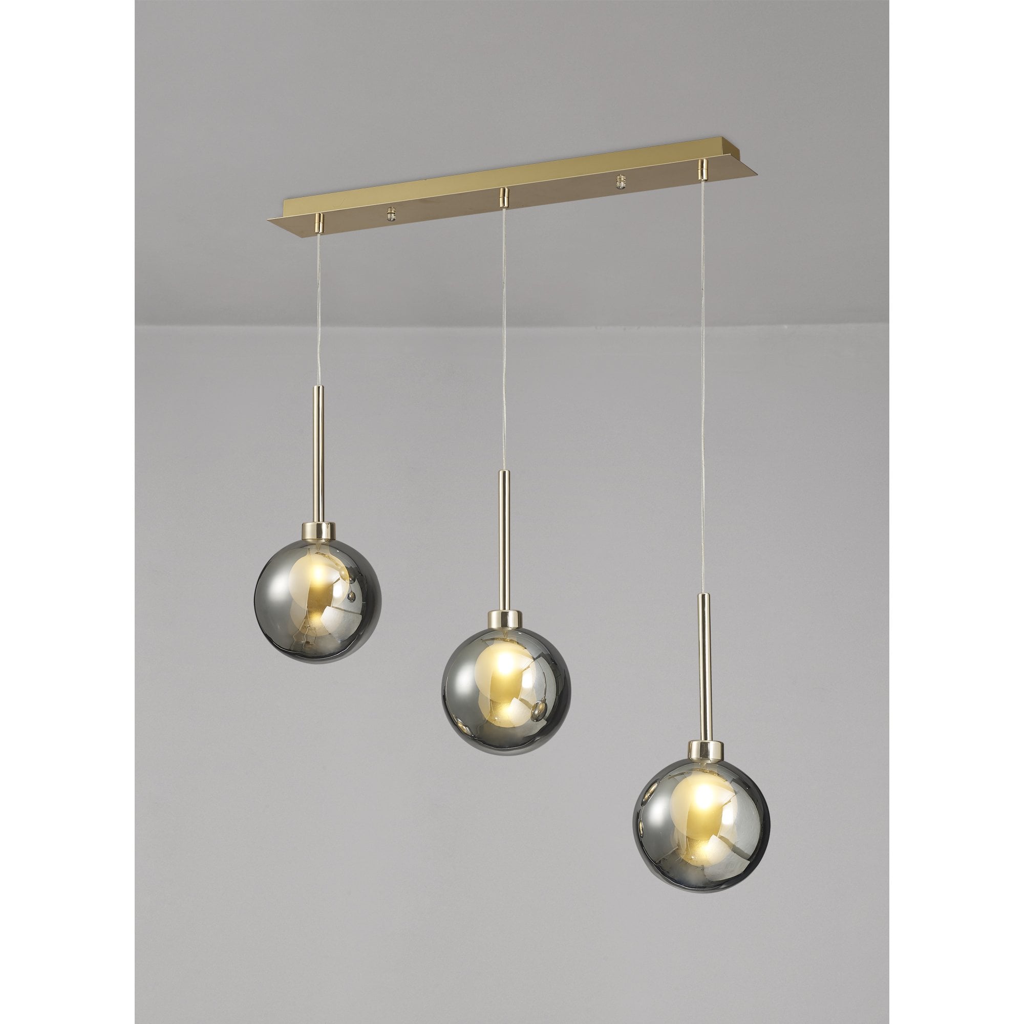 Fabula Tamworth 3 Light Linear Pendant - Round Shades with Inner Frosted Globes - French Gold, Chrome & Frosted Glass