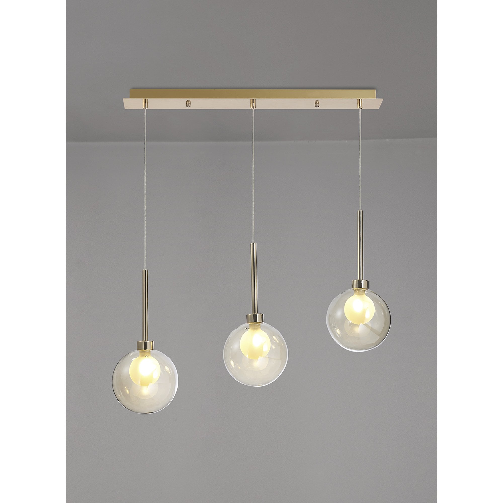 Fabula Tamworth 3 Light Linear Pendant - Round Shades with Inner Frosted Globes - French Gold, Cognac & Frosted Glass