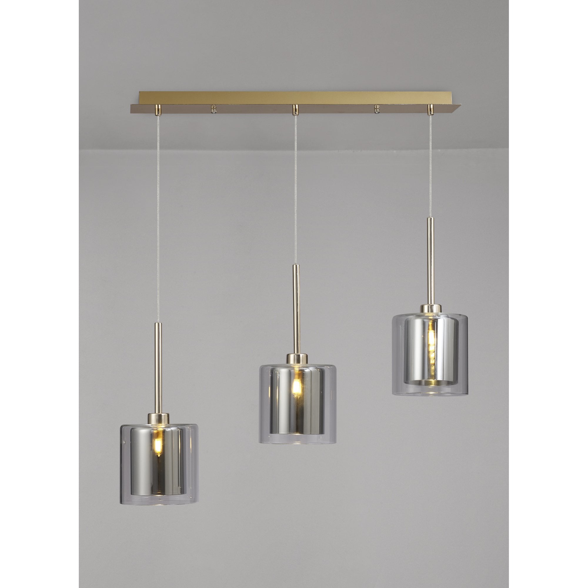 Fabula Tamworth 3 Light Linear Pendant - Medium Cylinder Shades with Clear Outer Glass - French Gold, Chrome & Clear Glass