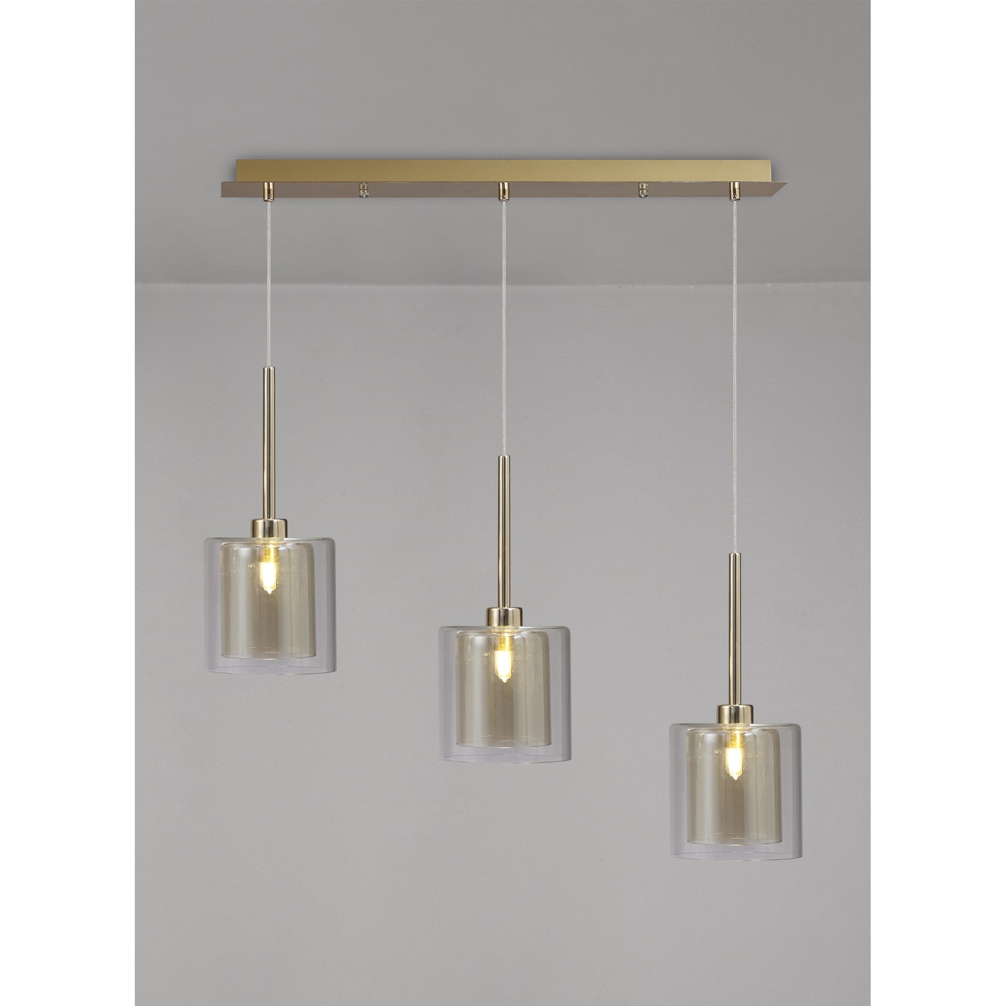 Fabula Tamworth 3 Light Linear Pendant - Medium Cylinder Shades with Clear Outer Glass - French Gold, Cognac & Clear Glass