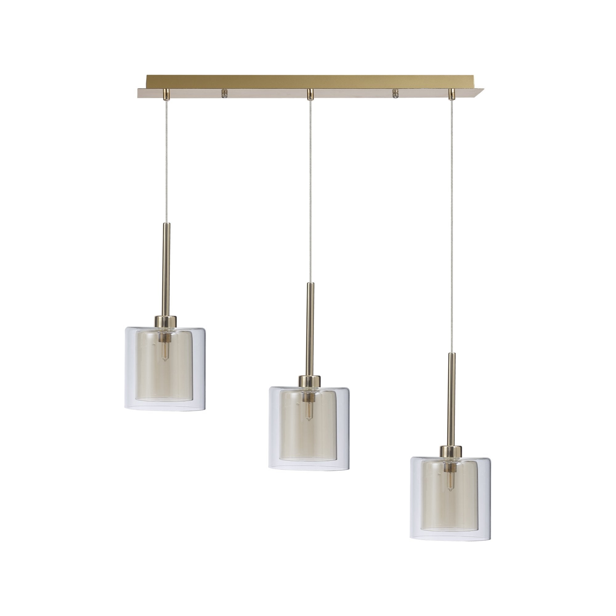 Fabula Tamworth 3 Light Linear Pendant - Medium Cylinder Shades with Clear Outer Glass - French Gold, Cognac & Clear Glass