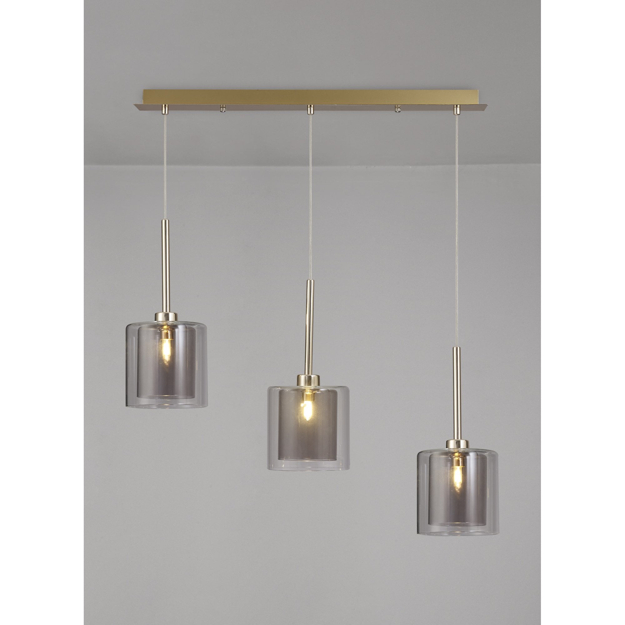 Fabula Tamworth 3 Light Linear Pendant - Medium Cylinder Shades with Clear Outer Glass - French Gold, Smoked & Clear Glass