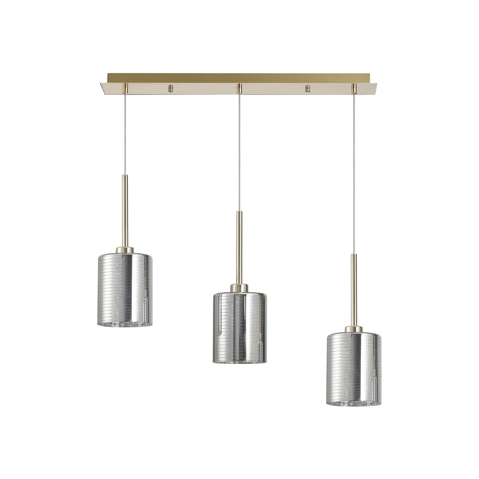 Fabula Tamworth 3 Light Linear Pendant - Medium Cylinder Shades - French Gold & Chrome Lined Glass