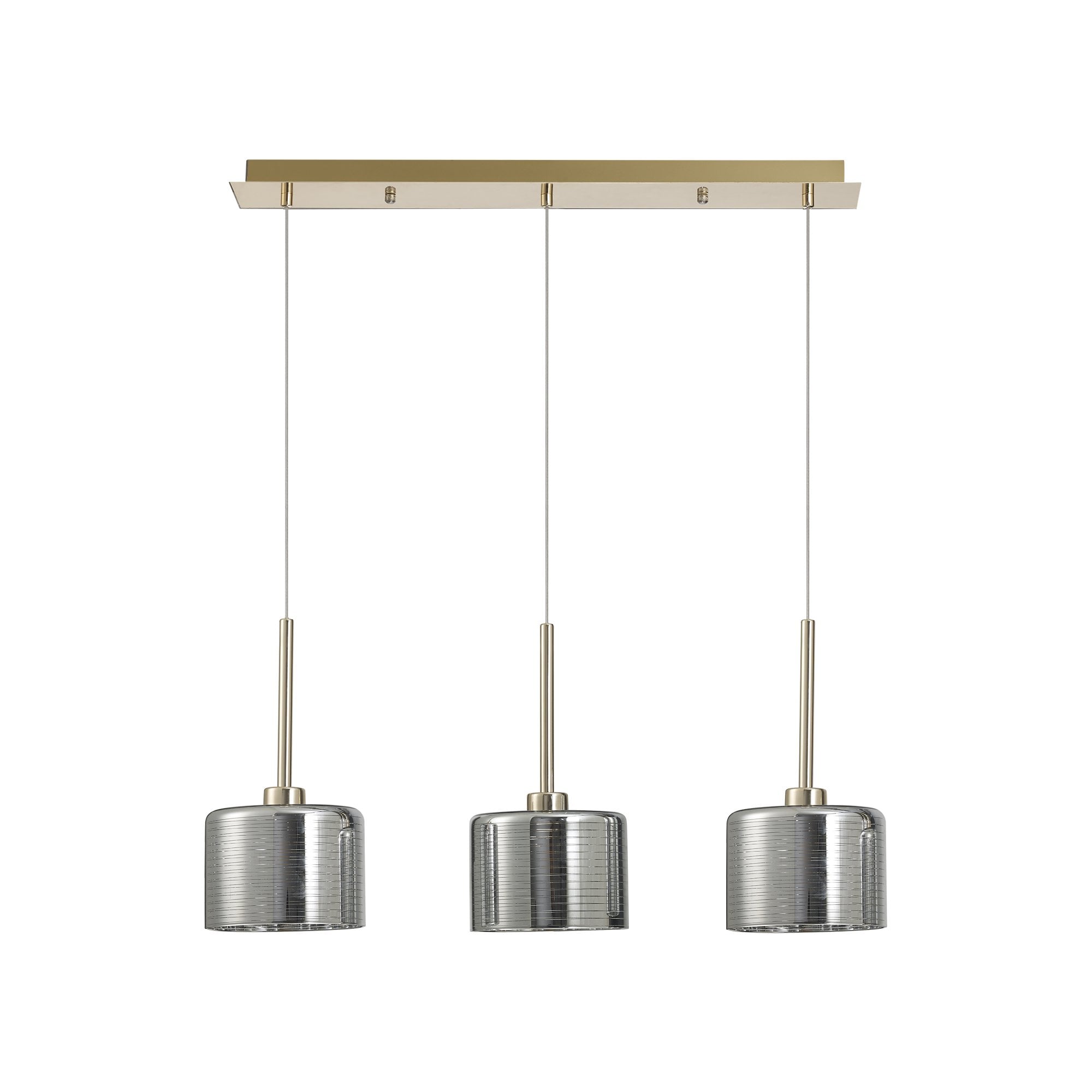 Fabula Tamworth 3 Light Linear Pendant - Short Cylinder Shades - French Gold & Chrome Glass