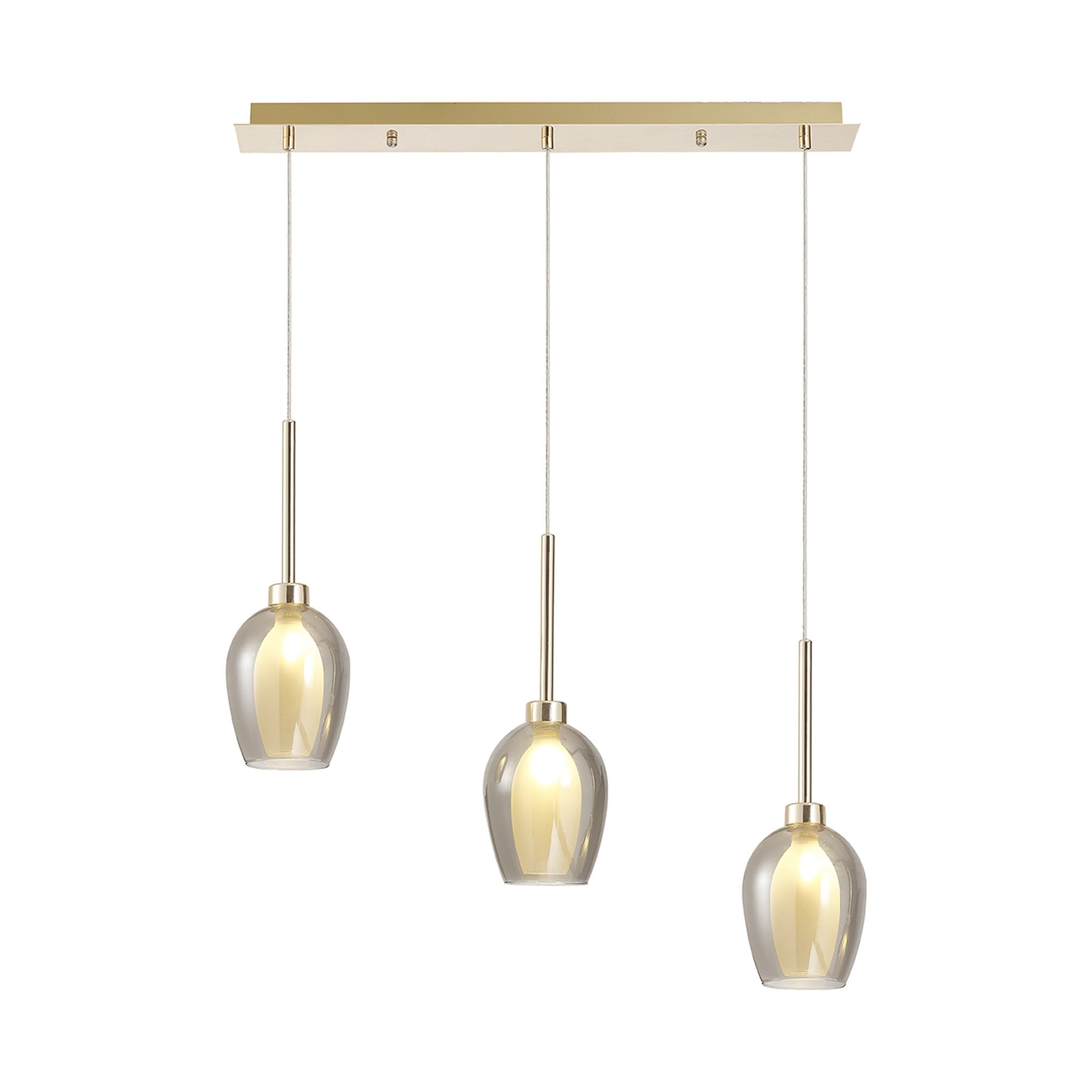 Fabula Tamworth 3 Light Linear Pendant - Wine Glass Shades with Inner Frosted Glass - French Gold, Smoked & Frosted Glass