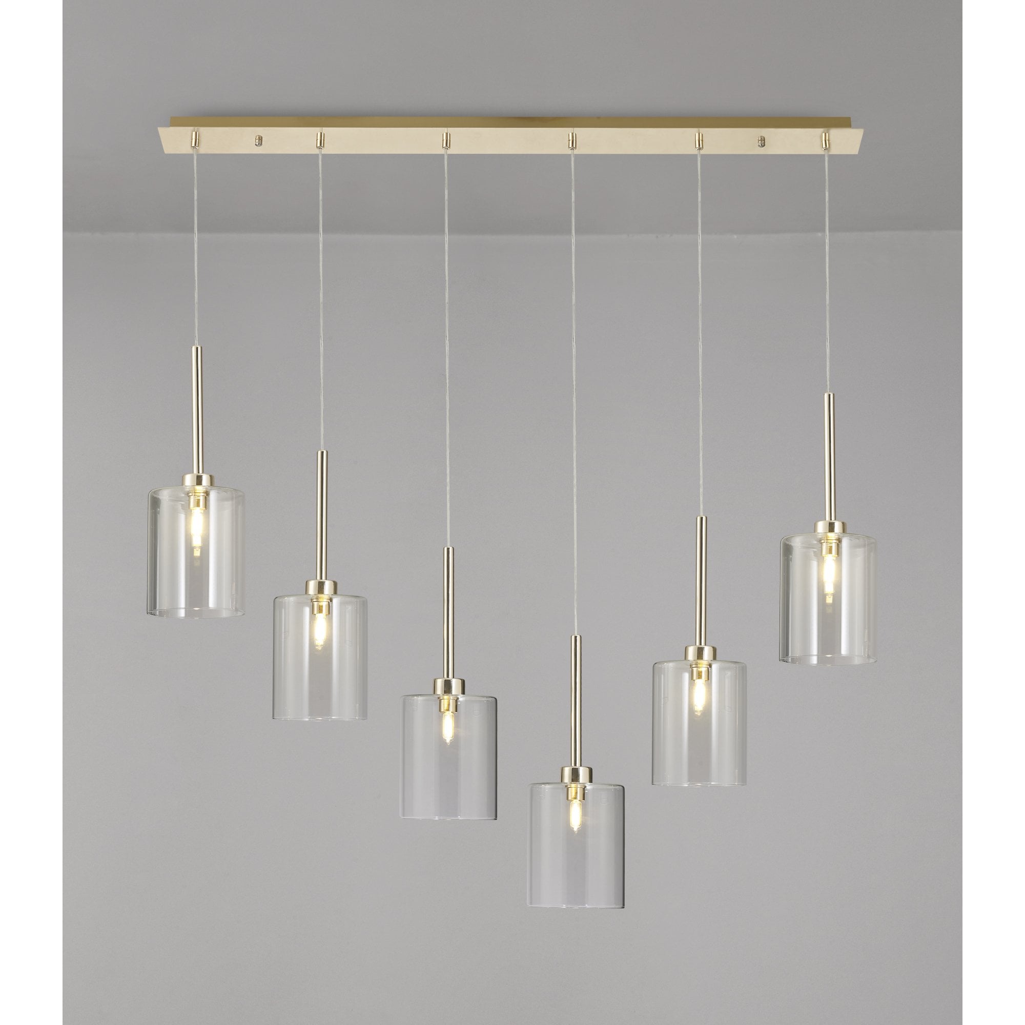 Fabula Tamworth 6 Light Linear Pendant - Medium Cylinder Shades - French Gold & Clear Glass
