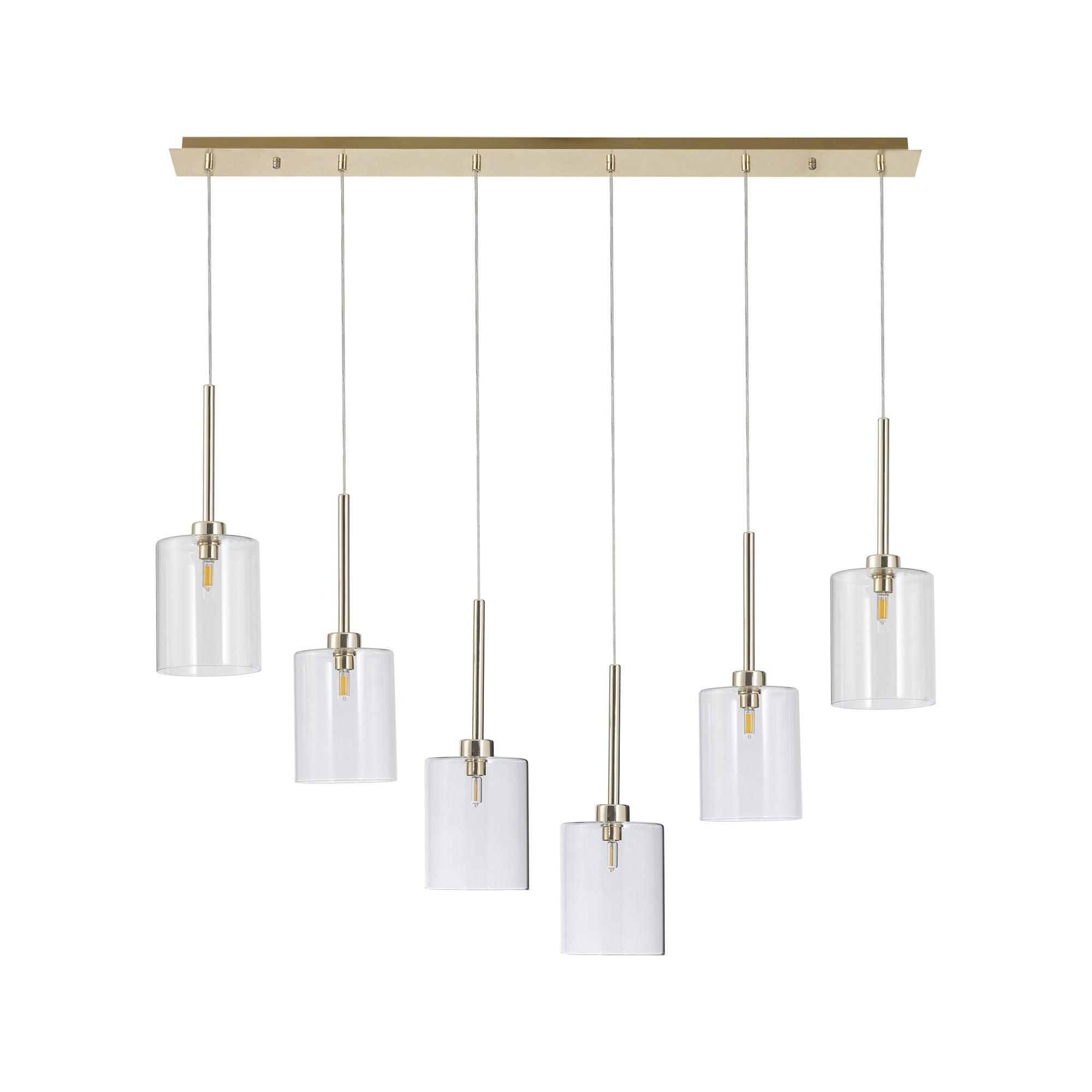 Fabula Tamworth 6 Light Linear Pendant - Medium Cylinder Shades - French Gold & Clear Glass