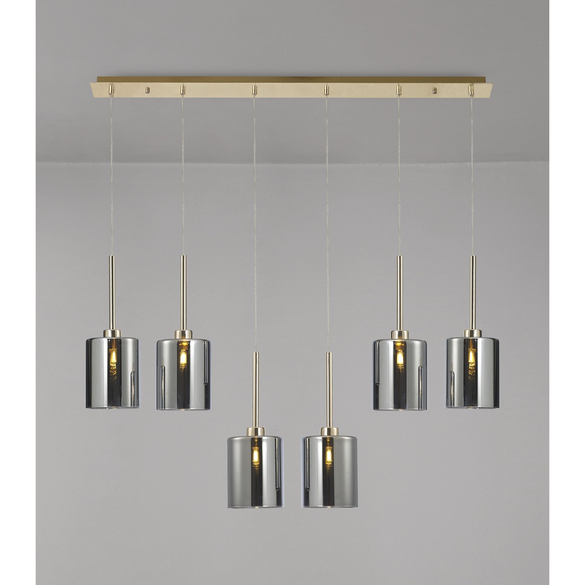 Fabula Tamworth 6 Light Linear Pendant - Medium Cylinder Shades - French Gold & Chrome Glass