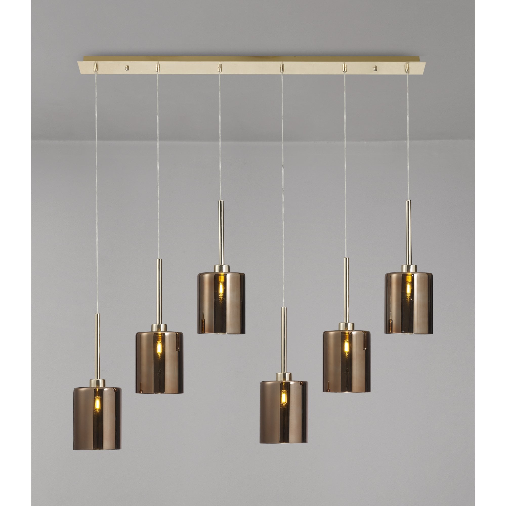 Fabula Tamworth 6 Light Linear Pendant - Medium Cylinder Shades - French Gold & Copper Glass