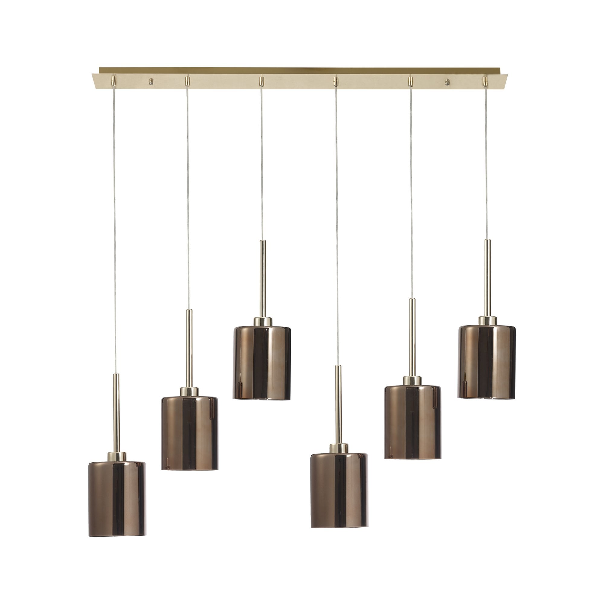 Fabula Tamworth 6 Light Linear Pendant - Medium Cylinder Shades - French Gold & Copper Glass