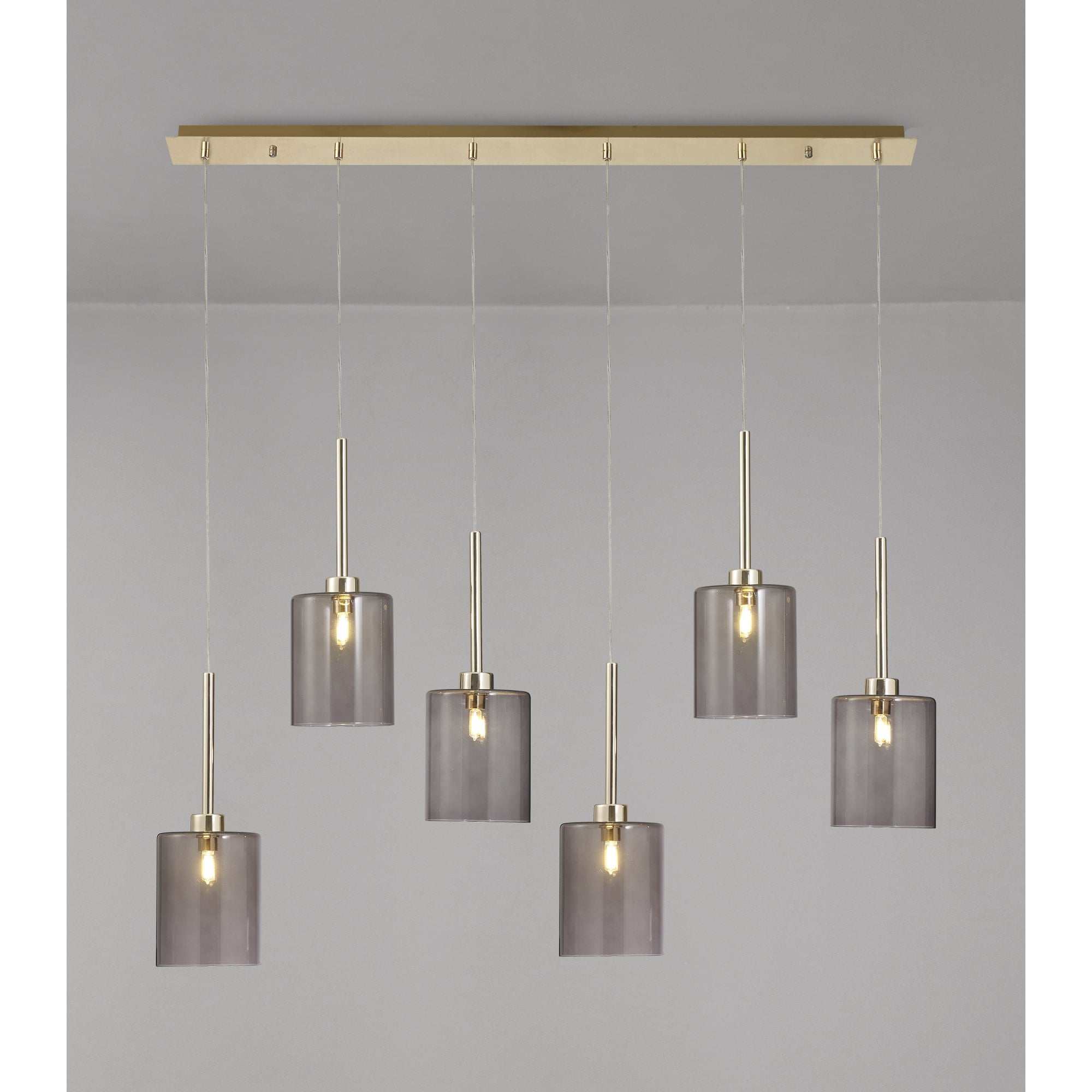 Fabula Tamworth 6 Light Linear Pendant - Medium Cylinder Shades - French Gold & Smoked Glass