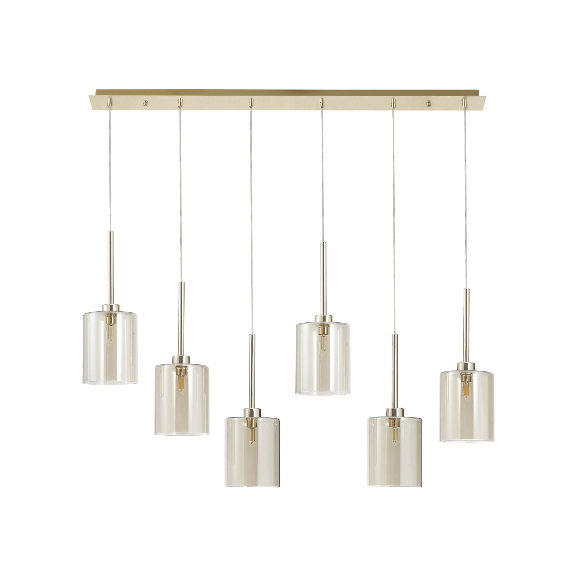 Fabula Tamworth 6 Light Linear Pendant - Medium Cylinder Shades - French Gold & Cognac Glass