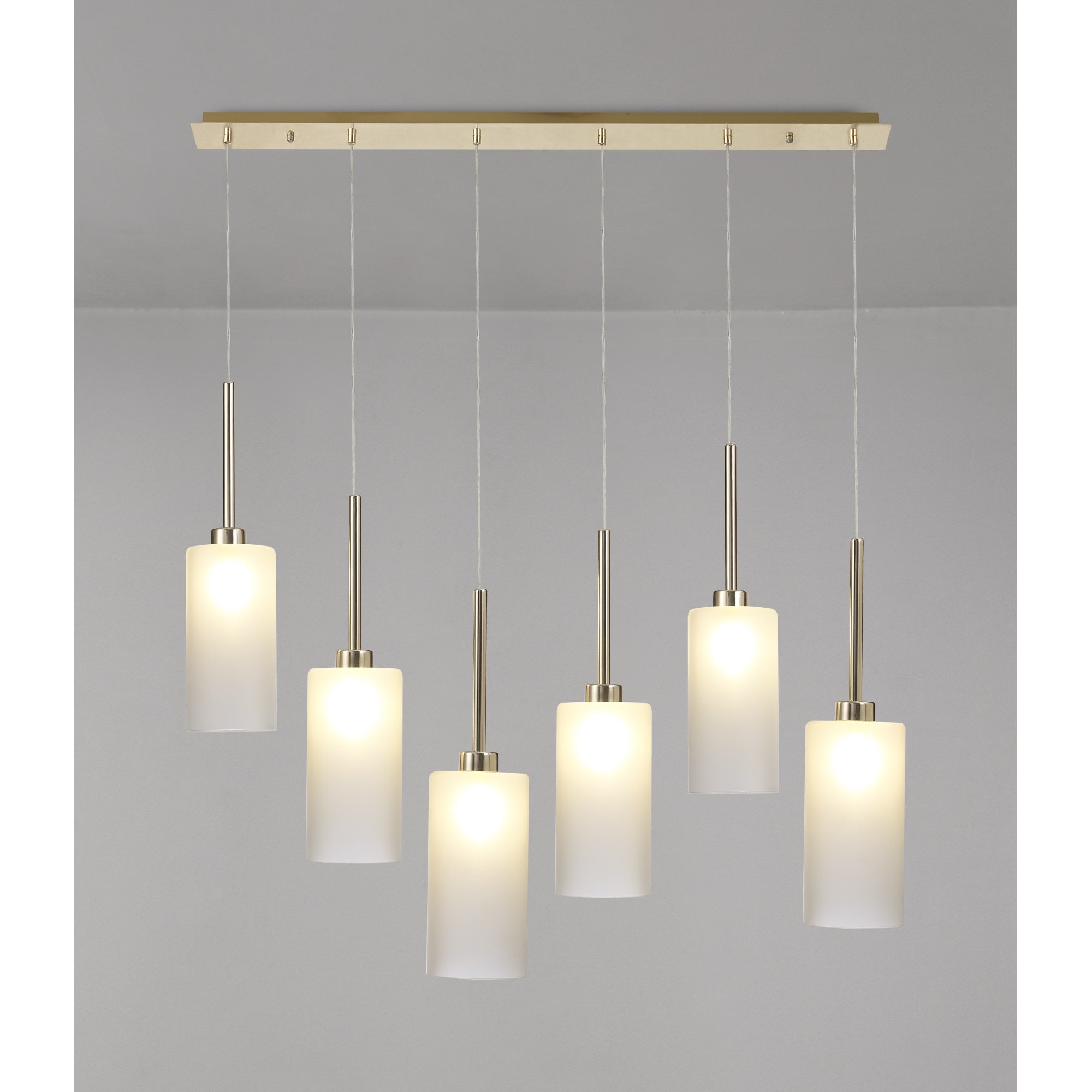 Fabula Tamworth 6 Light Linear Pendant - Tall Cylinder Shades - French Gold & Frosted Glass