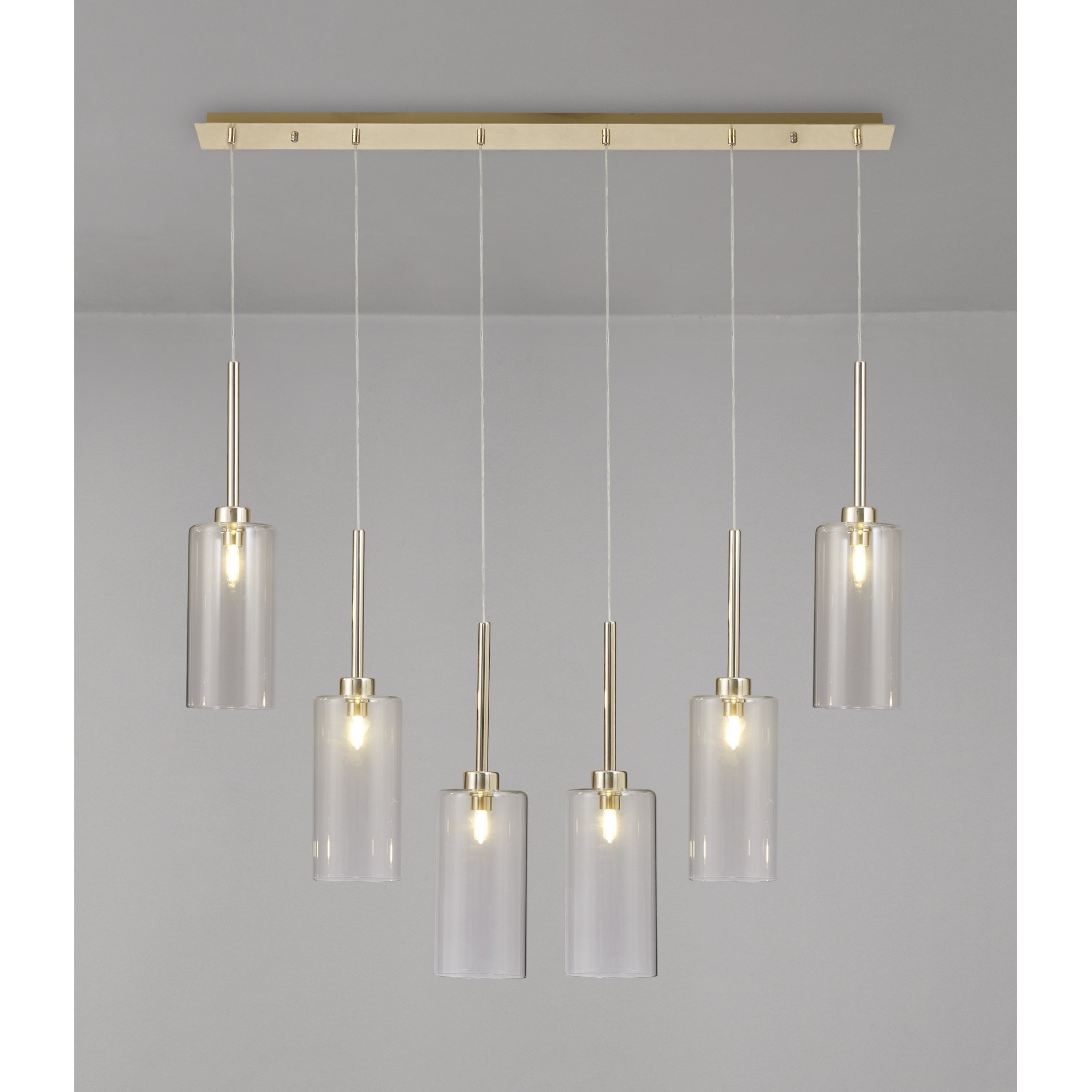 Fabula Tamworth 6 Light Linear Pendant - Tall Cylinder Shades - French Gold & Clear Glass