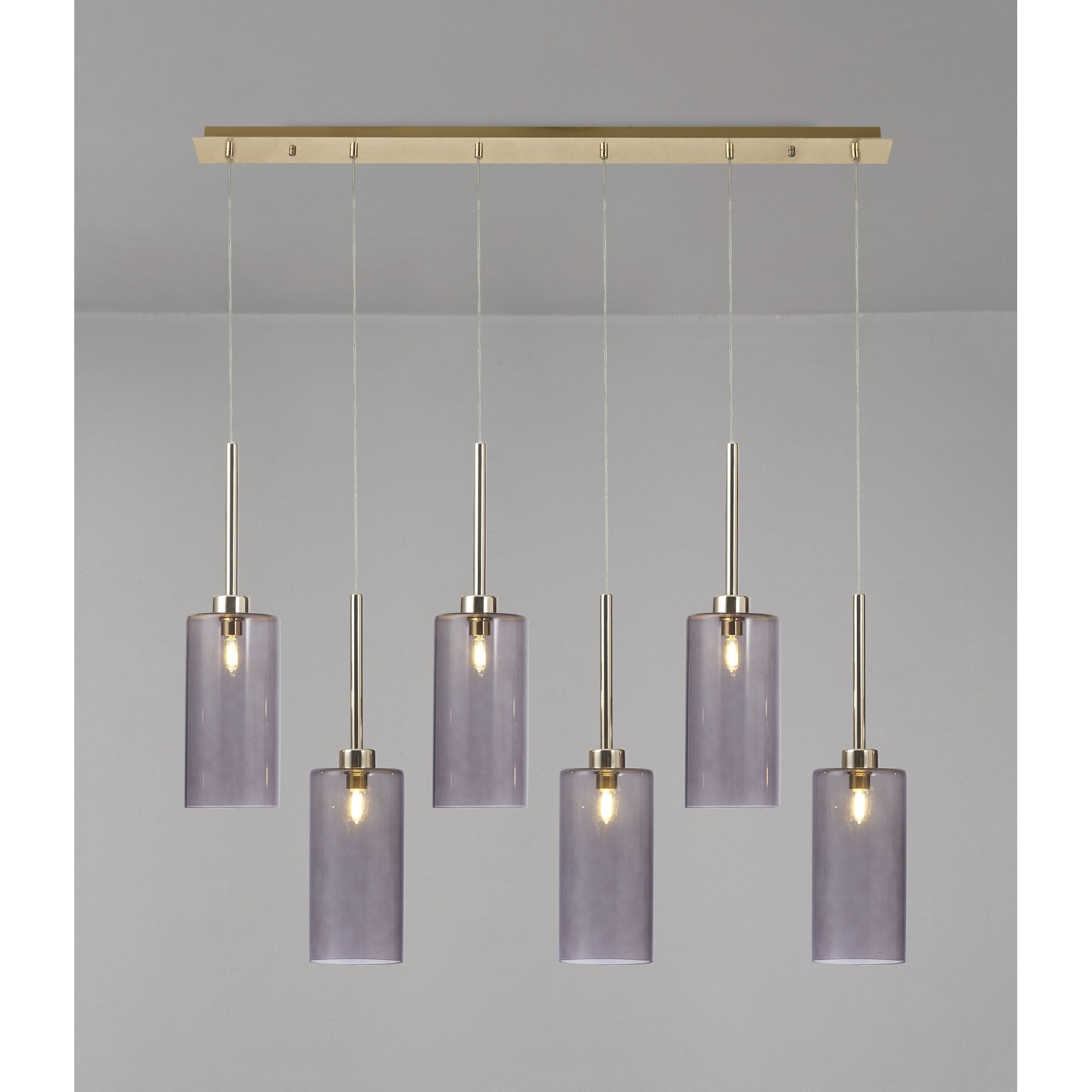 Fabula Tamworth 6 Light Linear Pendant - Tall Cylinder Shades - French Gold & Smoked Glass