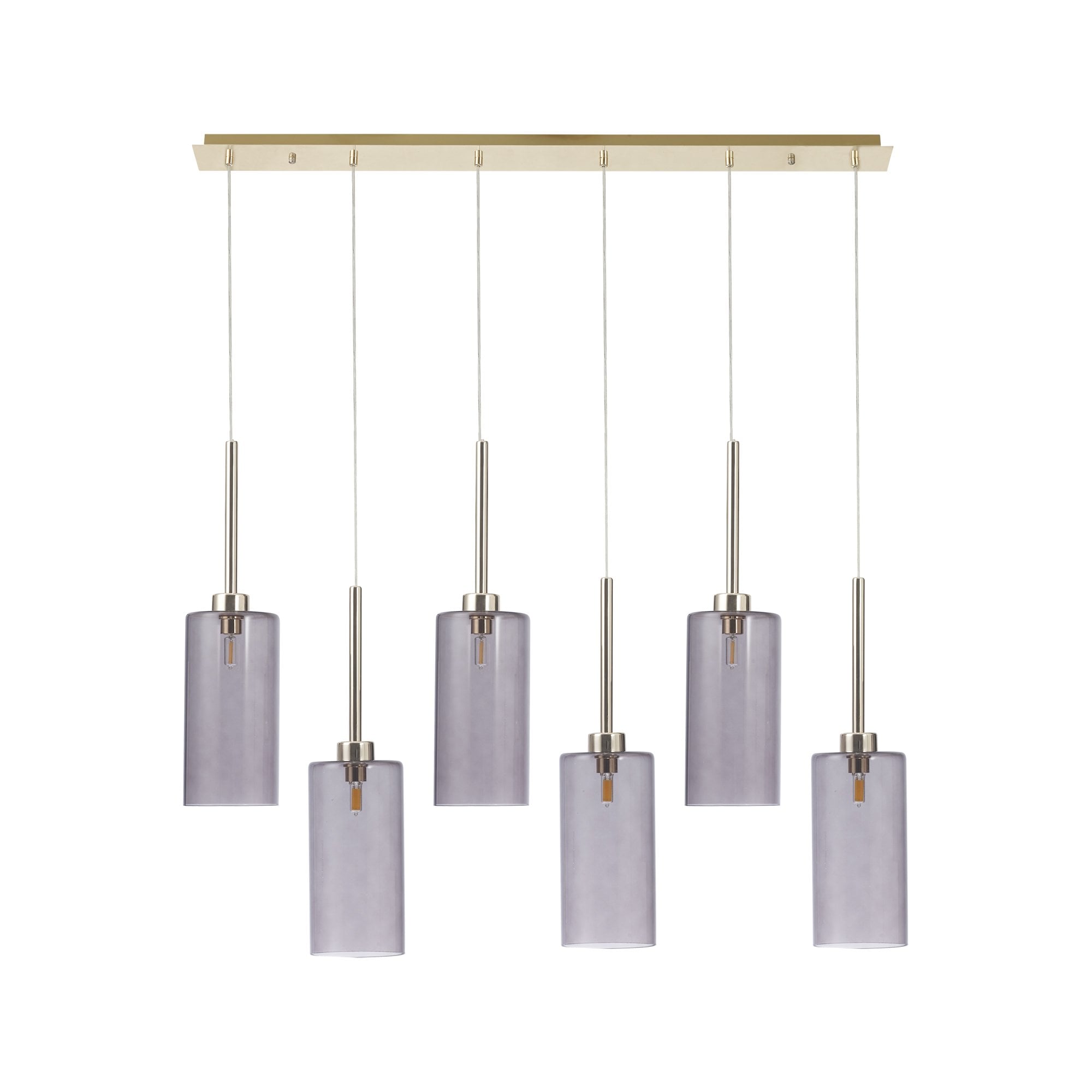 Fabula Tamworth 6 Light Linear Pendant - Tall Cylinder Shades - French Gold & Smoked Glass