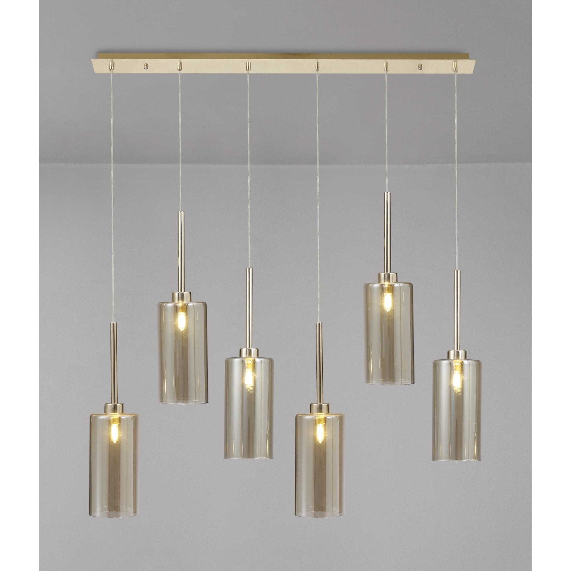 Fabula Tamworth 6 Light Linear Pendant - Tall Cylinder Shades - French Gold & Cognac Glass