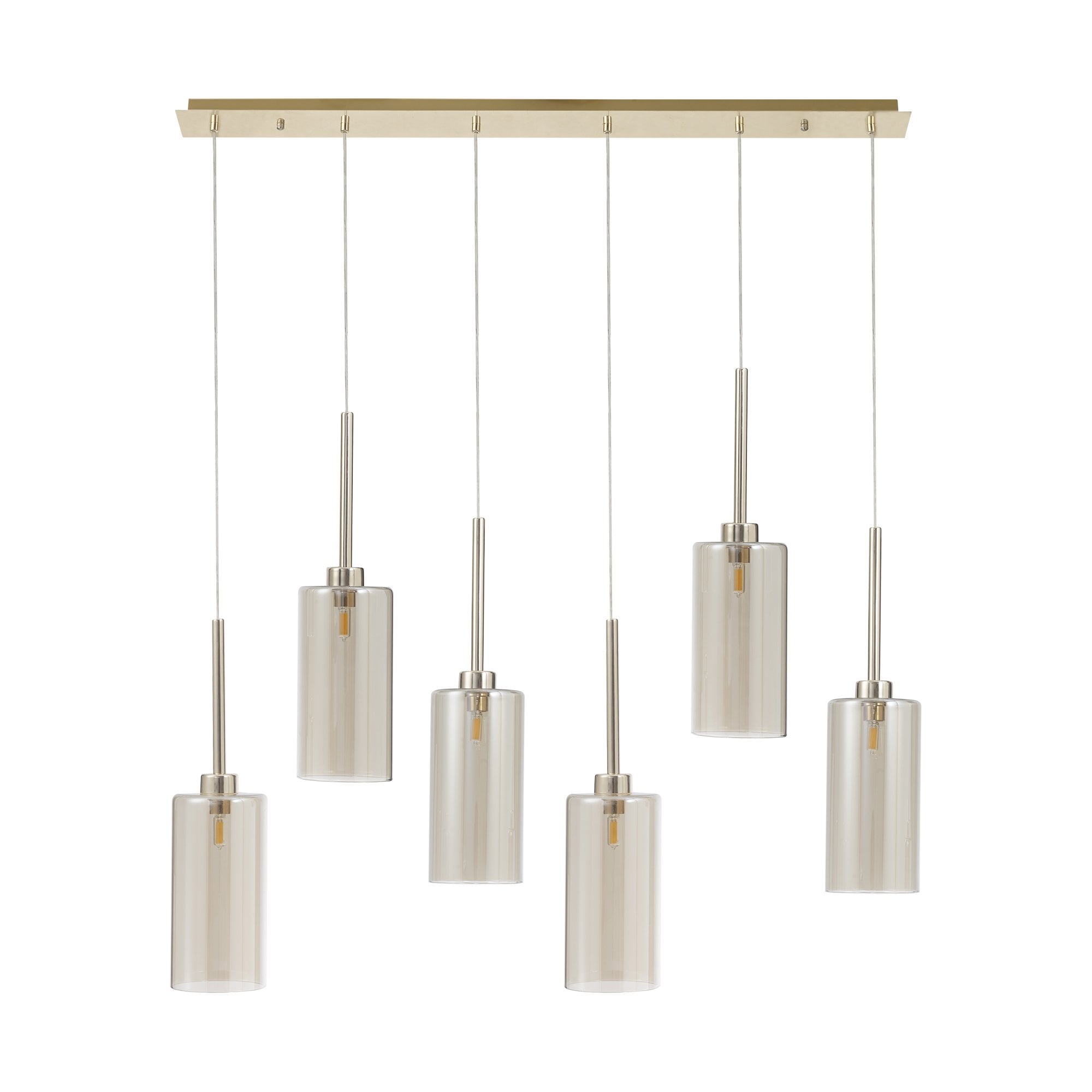 Fabula Tamworth 6 Light Linear Pendant - Tall Cylinder Shades - French Gold & Cognac Glass