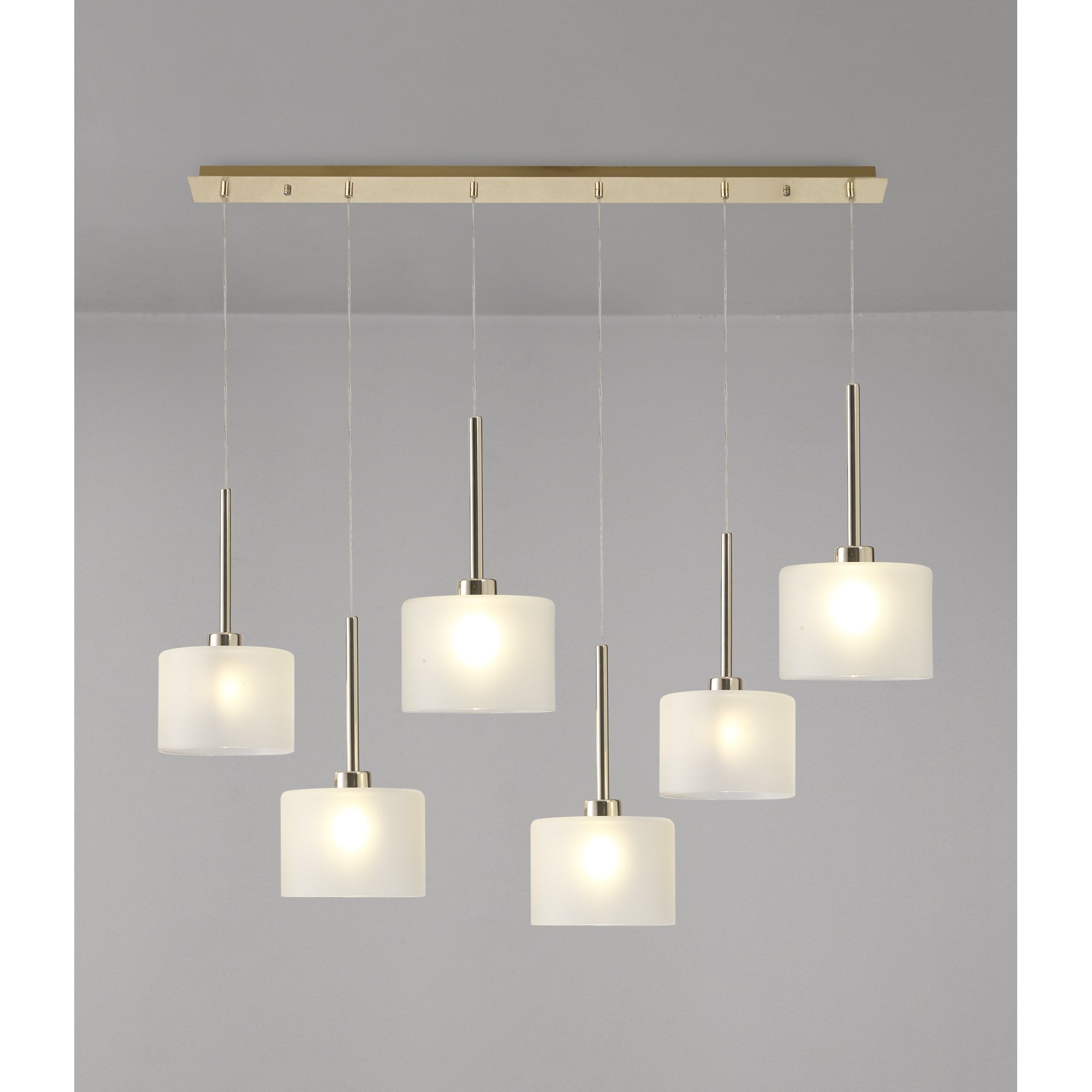 Fabula Tamworth 6 Light Linear Pendant - Short Cylinder Shades - French Gold & Frosted Glass
