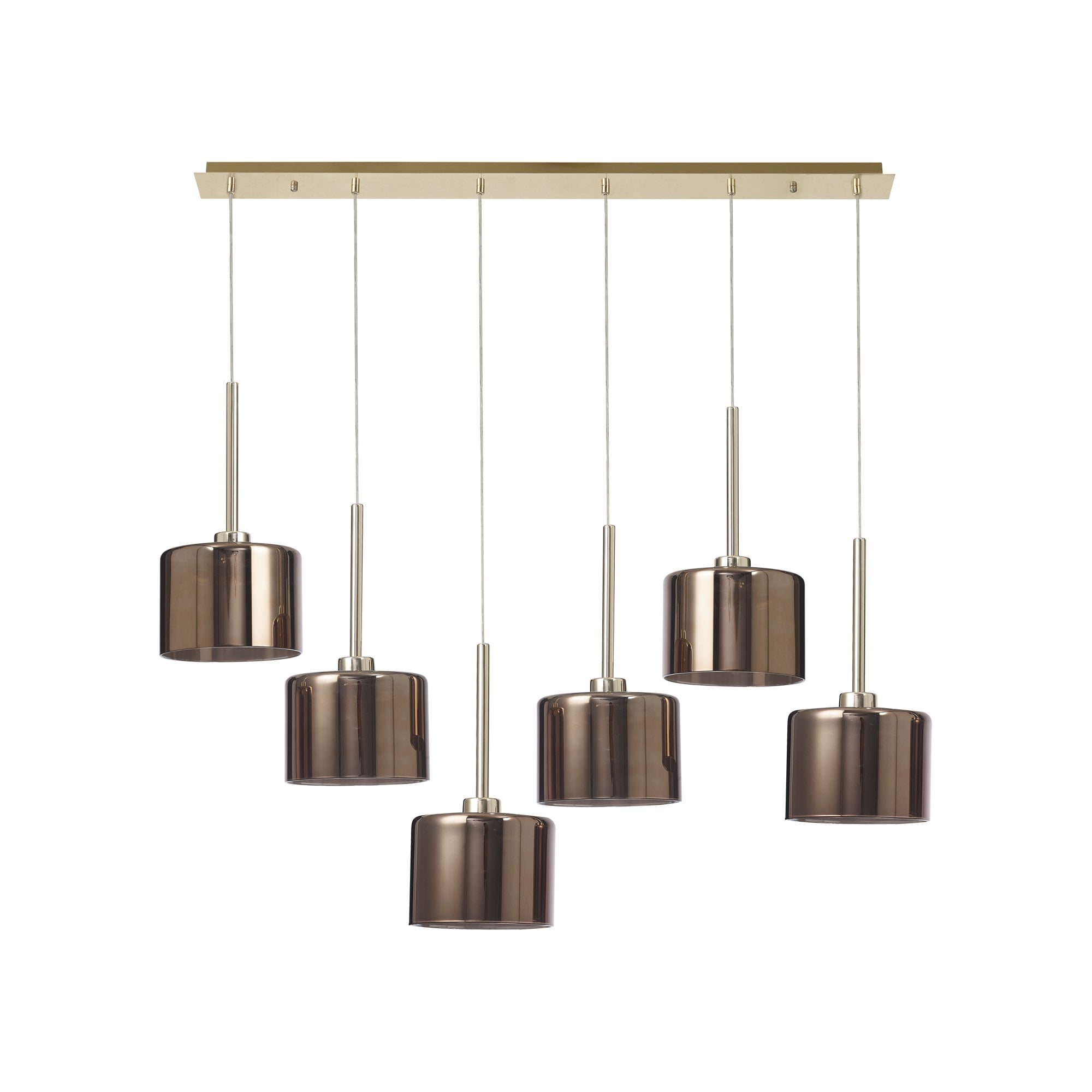 Fabula Tamworth 6 Light Linear Pendant - Short Cylinder Shades - French Gold & Copper Glass