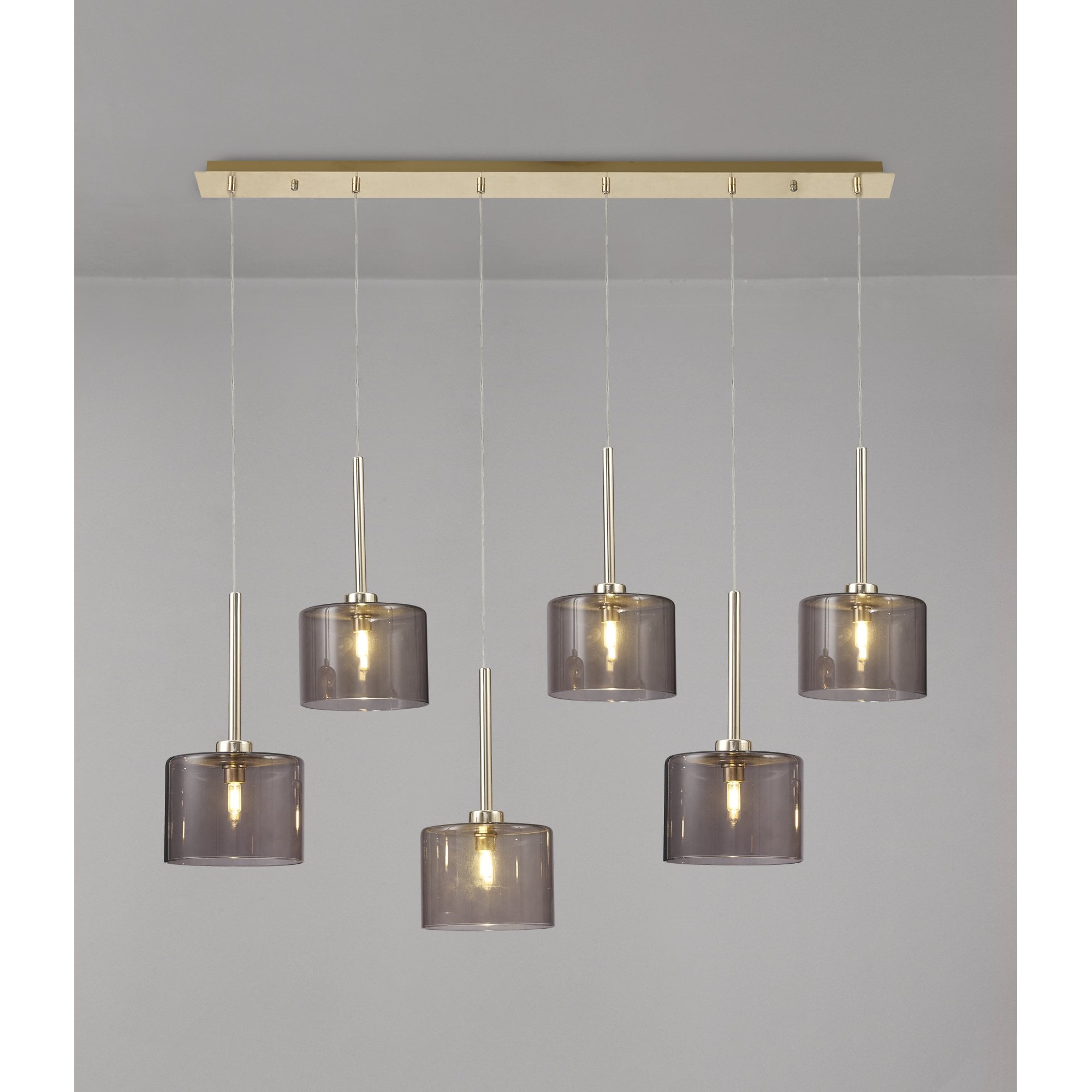 Fabula Tamworth 6 Light Linear Pendant - Short Cylinder Shades - French Gold & Smoked Glass