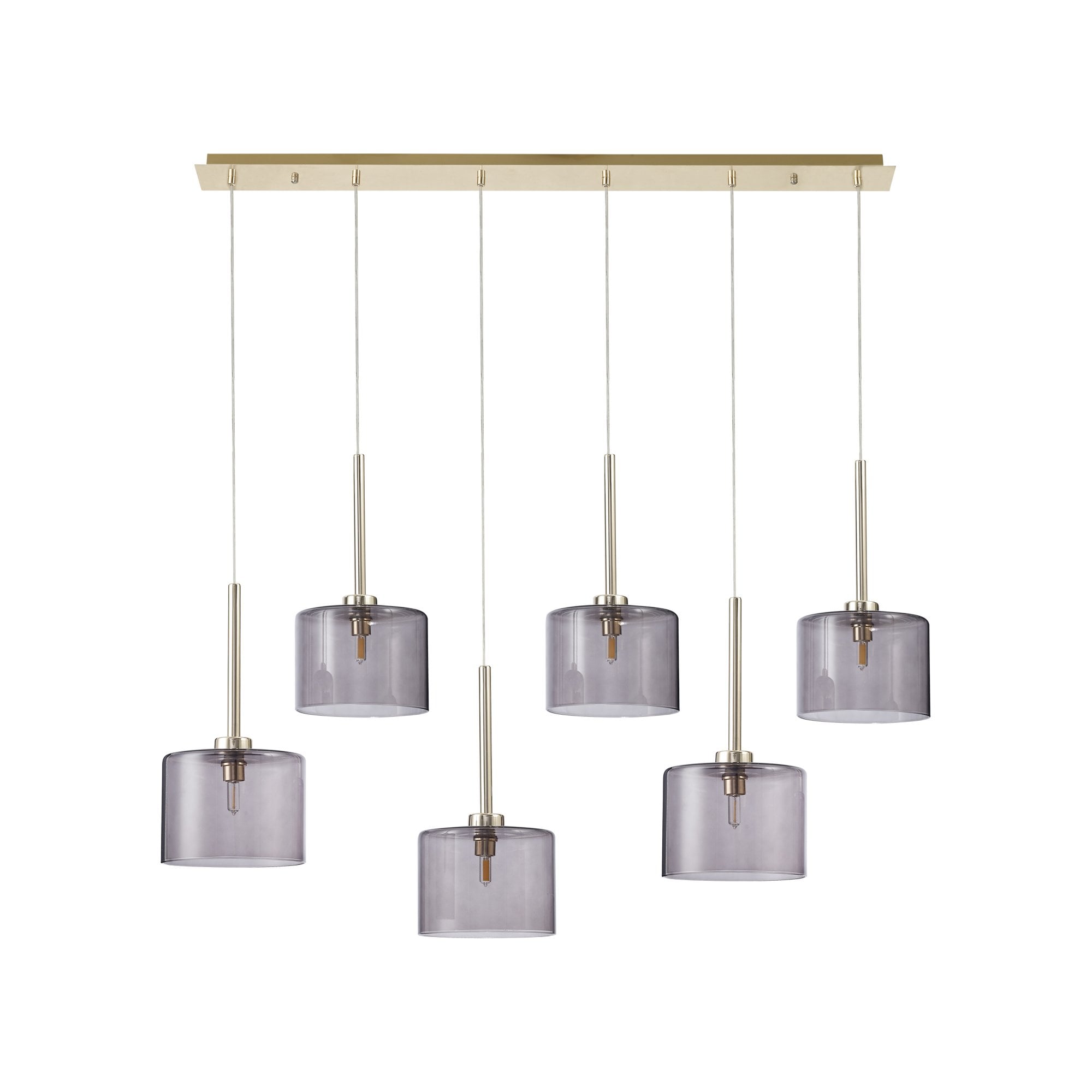 Fabula Tamworth 6 Light Linear Pendant - Short Cylinder Shades - French Gold & Smoked Glass
